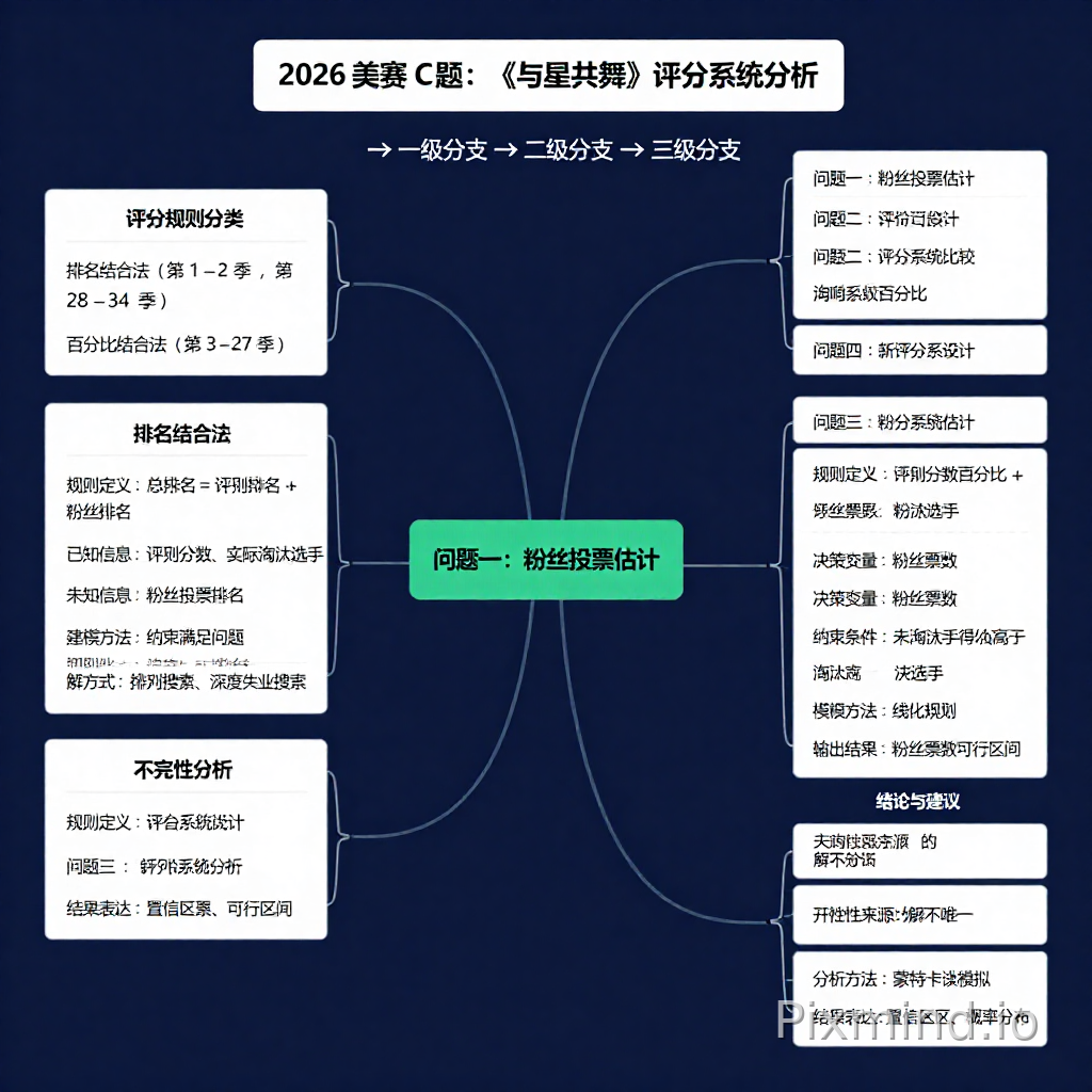 请根据以下要求生成一张结构清晰的思维导图:
中心主题为:
“2026 美赛 C 题:《与星共舞》评分系统分析”
思维导图采用“中心主题 → 一级分支 → 二级分支 → 三级分支”的结构。
一级分支包括:
问题一:粉丝投票估计
问题二:评分系统比较
问题三:影响因素分析
问题四:新评分系统设计
问题五:结论与建议
请重点展开“问题一:粉丝投票估计”,其二级和三级结构如下:
评分规则分类
排名结合法(第 1–2 季,第 28–34 季)
百分比结合法(第 3–27 季)
排名结合法
规则定义:总排名 = 评委排名 + 粉丝排名
已知信息:评委分数、实际淘汰选手
未知信息:粉丝投票排名
建模方法:约束满足问题
求解方式:全排列搜索、深度优先搜索
百分比结合法
规则定义:评委分数百分比 + 粉丝票数百分比
决策变量:粉丝票数
约束条件:未淘汰选手得分高于淘汰选手
建模方法:线性规划
输出结果:粉丝票数可行区间
不确定性分析
不确定性来源:解不唯一
分析方法:蒙特卡洛模拟
结果表达:置信区间、概率分布
其余问题请保持简洁结构展开,不需要公式,只使用简短关键词。