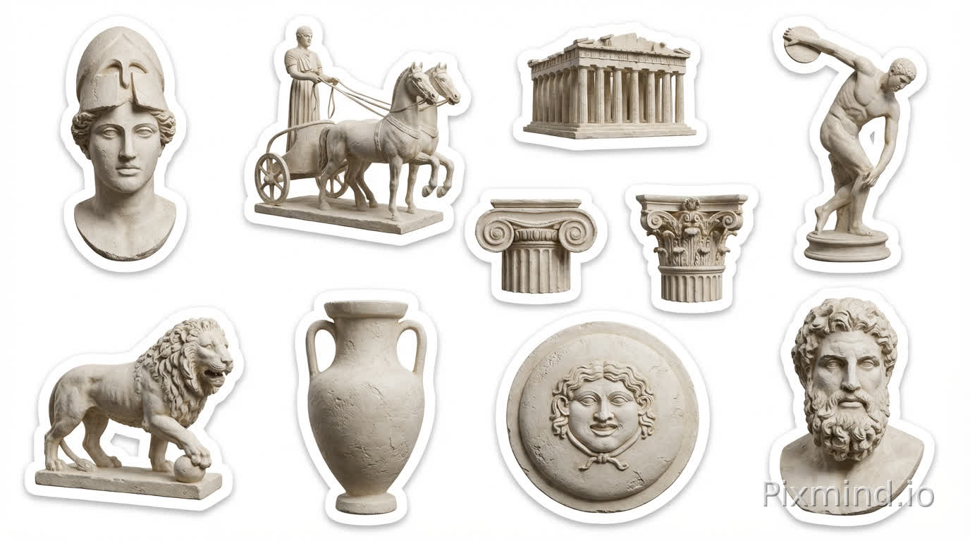 Generate a set of Ancient Greek sculptures and temples, or stickers of elements, based on the style of the reference image, a set of 10, with clear sculpture textures.