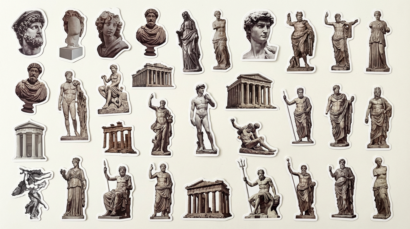 Generate a set of Ancient Greek sculptures and temples, or stickers of elements, based on the style of the reference image; a set of 30, with clear sculpture textures, each sculpture complete, not overlapping.