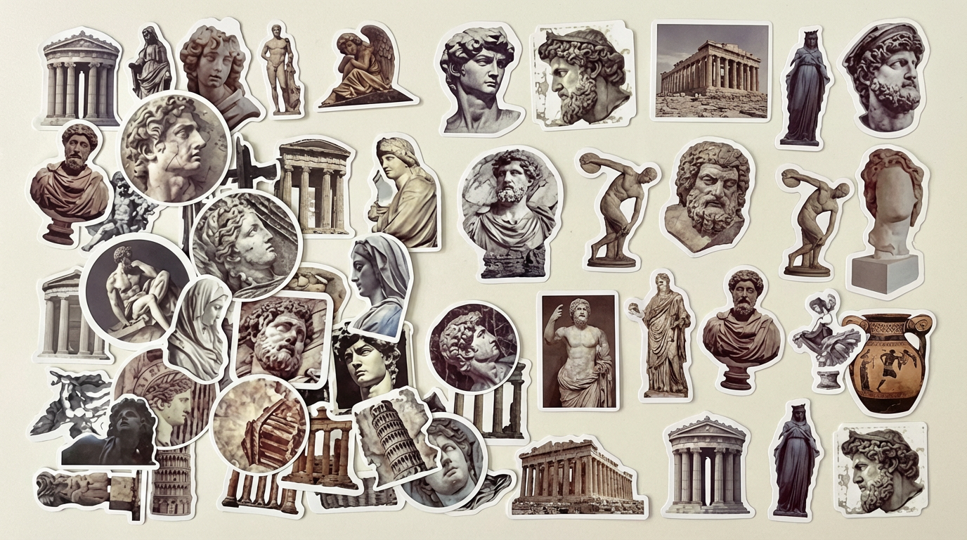 Based on the style of the reference image, generate a set of Ancient Greek sculptures and temples, or element stickers; a set of 30, with clear sculptural textures, non-overlapping, varied angles, and diverse shapes.