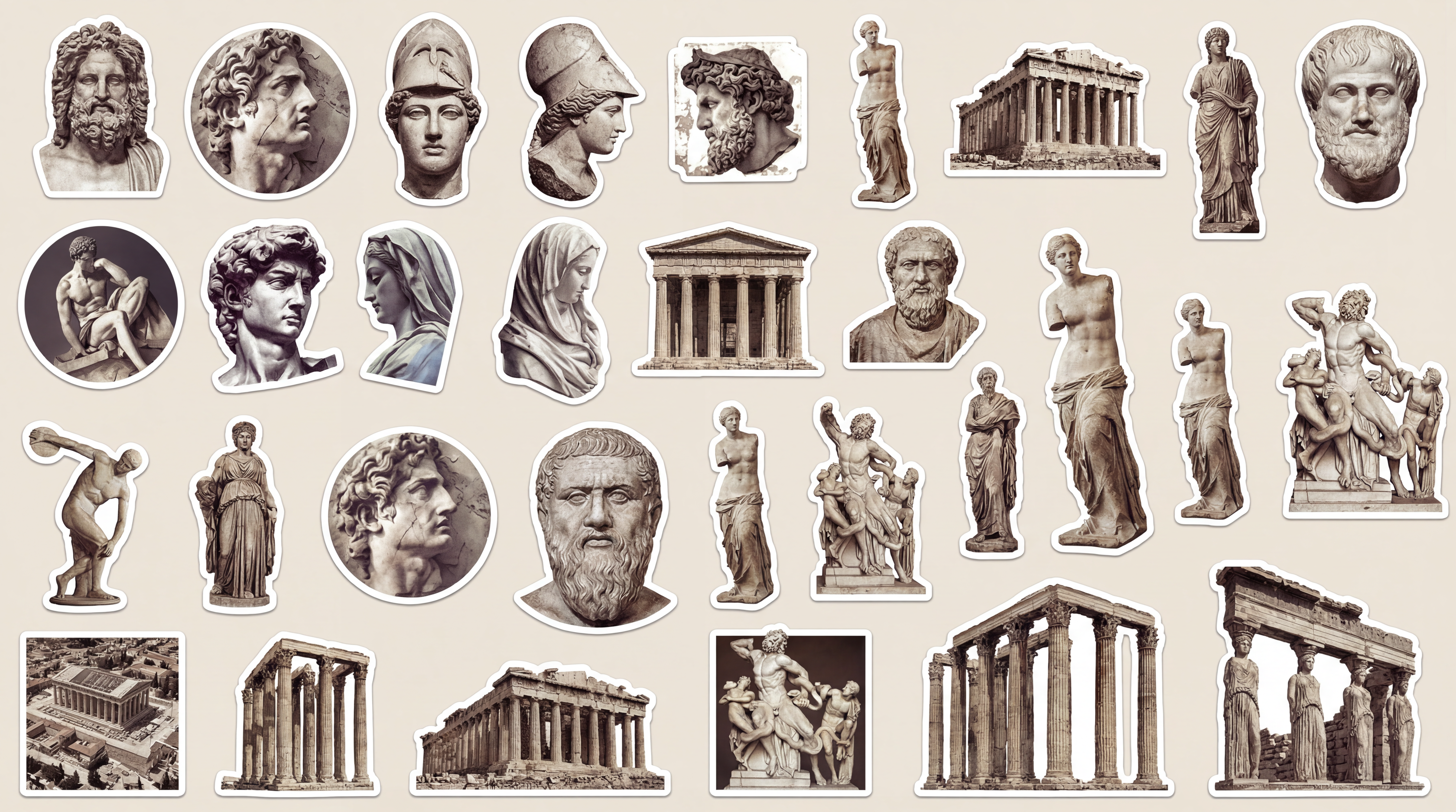 Based on the style of the reference image, generate a set of Ancient Greek sculptures and temples, or element stickers; a set of 30, with clear sculptural textures, non-overlapping, varied angles, and diverse shapes.