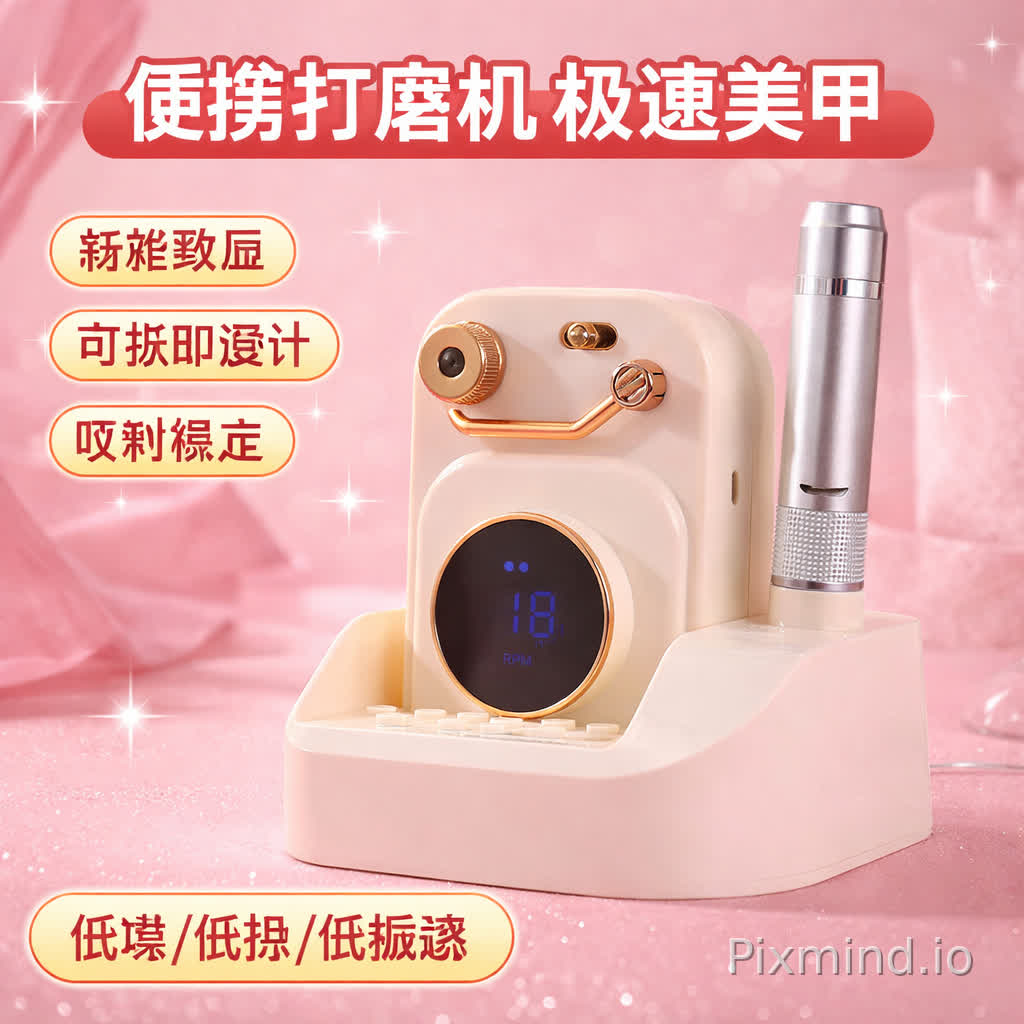 I am a seller on Pinduoduo, currently selling nail drill machines online. The first image is my product photo, and the second is a reference image. Please replace the nail drill machine in the reference image with the product from the first image, while keeping the background and key selling points unchanged.
