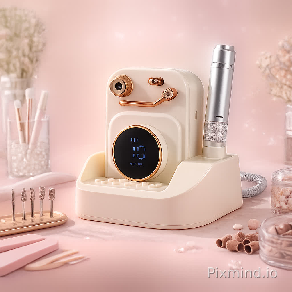 I'm a seller on Pinduoduo currently selling nail drill machines online. The first image is my product photo, and the second is a reference image. Please replace the nail drill machine in the reference image with the product from the first image, keeping the background unchanged. Remove all text boxes and copy, leaving only the product and the background. Try to integrate the product seamlessly into the background to create an eye-catching visual appeal. Flip the product horizontally so its front side faces slightly to the right.