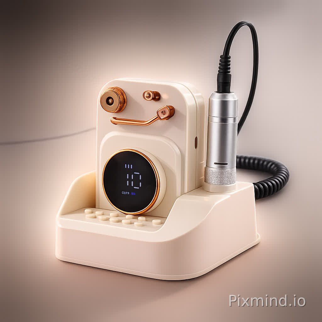 I am a seller on Pinduoduo, currently selling nail drill machines online. The first image is my product photo, and the second is a reference image. Please replace the nail drill machine in the second (reference) image with the product from the first image, keeping the background unchanged. Do not alter the shape of my product. Remove all text boxes and copy, leaving only the product and the background. Enhance the background slightly to make it more visually appealing and create an attractive composition. Flip the product horizontally so its front faces slightly to the right. Position the product slightly toward the bottom of the frame while ensuring it occupies about half of the image, leaving some open space at the top.
