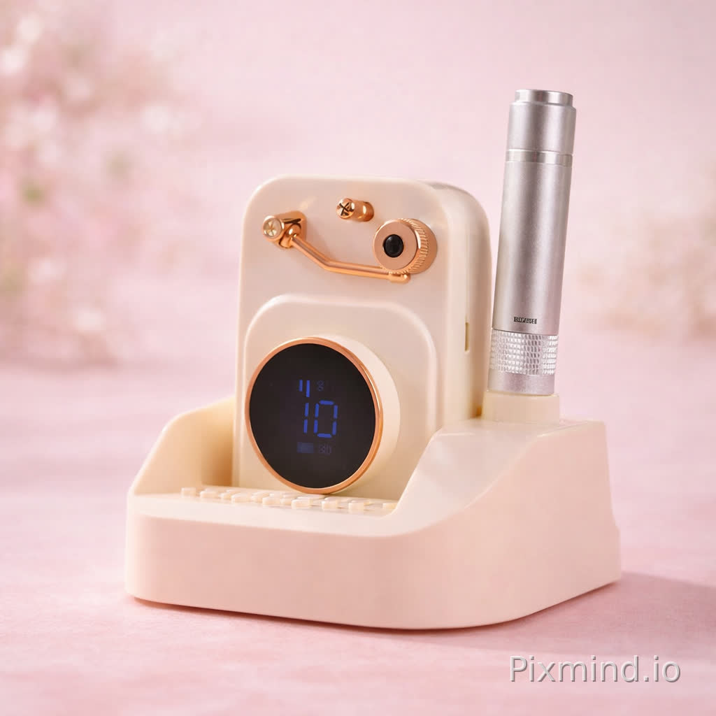 I'm a seller on Pinduoduo currently selling nail drill machines online. The first image is my product photo, and the second is a reference image. Please replace the nail drill machine in the reference image with the product from the first image while keeping the background unchanged. Remove all text boxes and copy, leaving only the product and the background. Try to blend the product naturally into the background, enhance the aesthetics slightly to create an appealing visual impression, and flip the product horizontally so its front faces slightly to the right. Position the product slightly toward the bottom of the frame while ensuring it occupies about half of the image, leaving a blank space at the top.