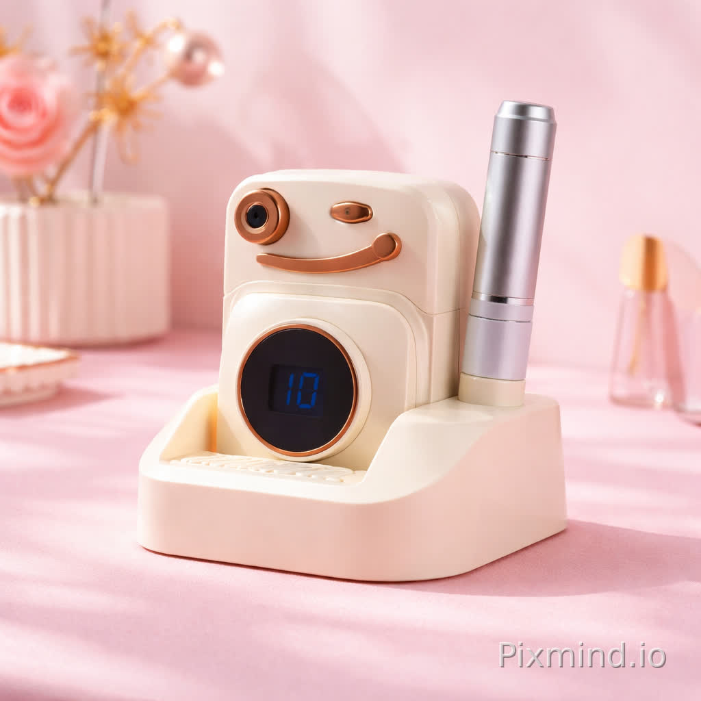 I am a seller on Pinduoduo, currently selling nail drill machines online. The first image is my product picture, and the second image is a reference image. Please replace the nail drill machine in the reference image with the product from the first image while keeping the background unchanged. Do not alter the shape of my product. Remove all text boxes and copy, leaving only the product and the background. Try to seamlessly integrate the product into the background, enhance the aesthetics slightly, and create a visually appealing impression. Flip the product horizontally so that its front faces slightly to the right. Position the product a bit toward the bottom of the frame while ensuring it occupies about half of the image, leaving an open space at the top.