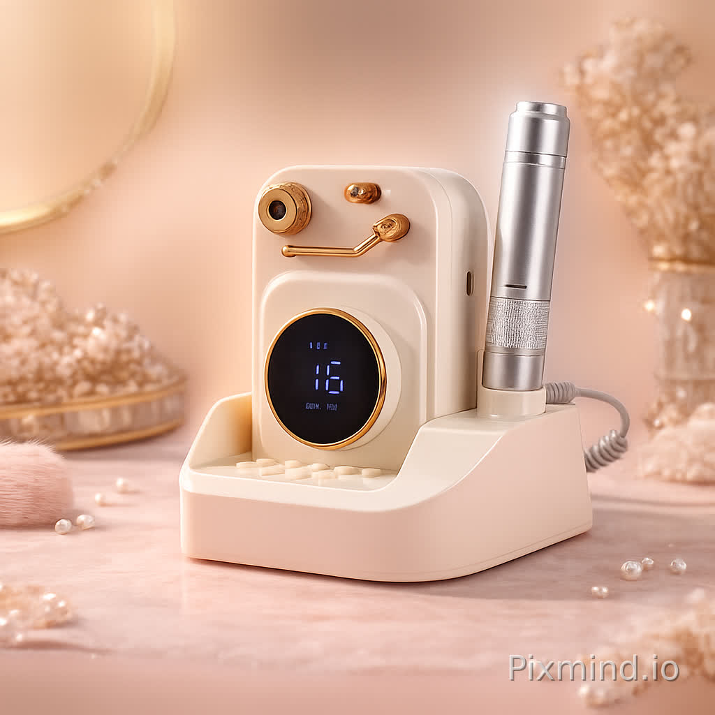 I am a seller on Pinduoduo, currently selling nail drill machines online. The first image is my product photo, and the second is a reference image. Please replace the nail drill machine in the second (reference) image with the product from the first image, keeping the background unchanged. Do not alter the shape of my product. Remove all text boxes and copy, leaving only the product and the background. Enhance the background slightly to make it more visually appealing and create an attractive composition. Flip the product horizontally so its front faces slightly to the right. Position the product slightly toward the bottom of the frame while ensuring it occupies about half of the image, leaving some open space at the top.