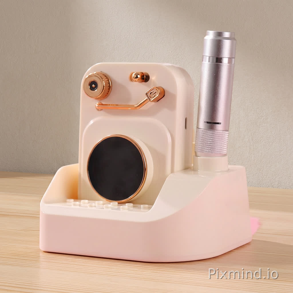 I am a seller on Pinduoduo, currently selling nail drill machines online. The first image is my product picture, and the second is a reference image. Please replace the nail drill machine in the reference image with the product from the first image, keeping the background unchanged. Remove all text boxes and copy, leaving only the product and the background. Try to seamlessly integrate the product into the background to create a visually appealing and eye-catching composition. Horizontally flip the product so that its front side faces slightly to the right, and position it slightly toward the bottom of the frame while ensuring it occupies at least half of the image space.