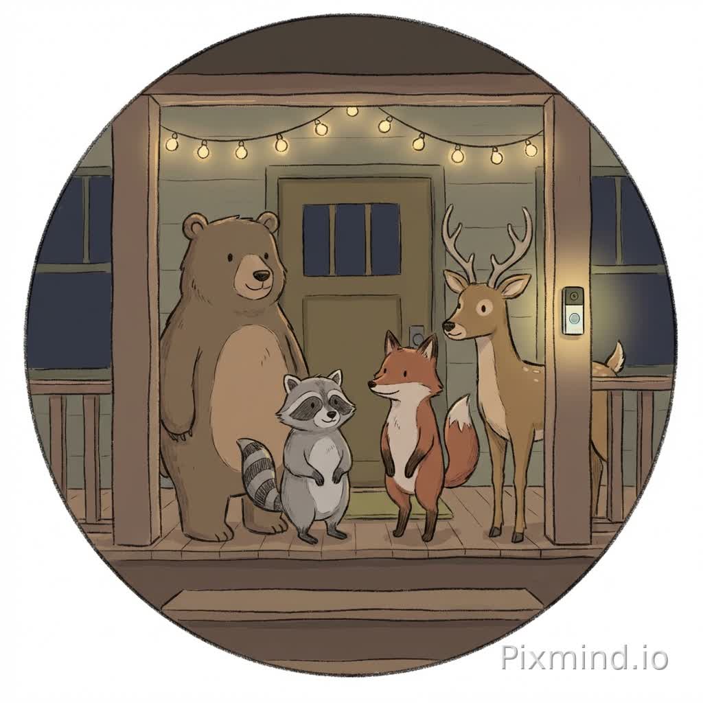 Simple, natural-looking illustration for a YouTube channel profile picture. A few wild animals (bear, raccoon, fox, deer) standing casually on a house porch at night near a doorbell camera. Style is semi-cartoon, slightly flat, not ultra-detailed, not hyper-realistic. Soft outlines, muted colors, natural lighting, minimal shading. Looks like a hand-drawn digital illustration, similar to a YouTube icon or app logo. No glossy textures, no extreme fur detail, no cinematic lighting. Clean background, readable at small size, friendly and believable, not obviously AI-generated.