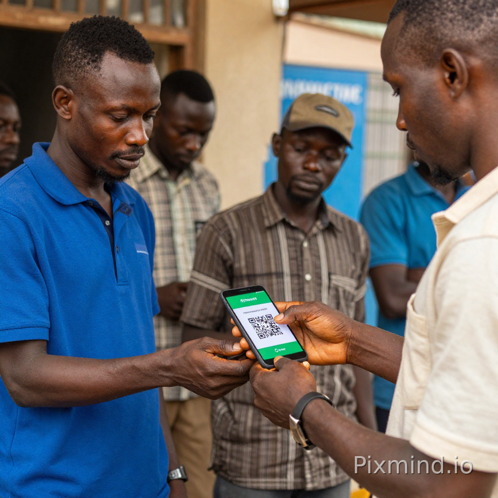 un marchand et un client qui paie par qr code depuis son application finam mobile. tout se passe en afrique