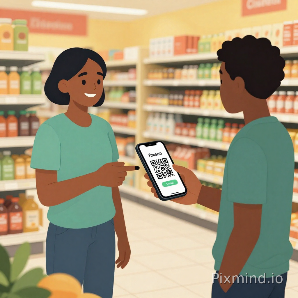 un marchand et un client qui paie par qr code depuis son application finam mobile. tout se passe dans un supermarché en afrique. créer une annimation
