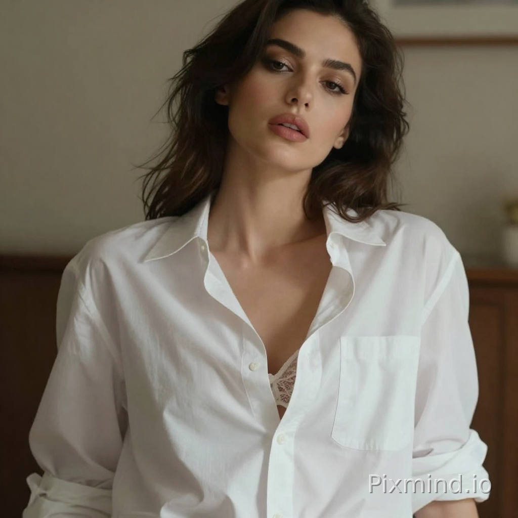 A seductive woman wearing an oversized white shirt, partially unbuttoned, revealing the outline of lace lingerie underneath, soft indoor lighting, relaxed but provocative pose, slightly parted lips, intense eye contact, sensual atmosphere, realistic skin texture, cinematic photography, no nudity
