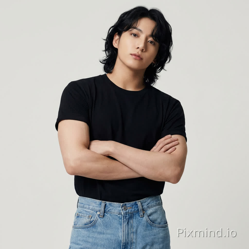 韩国偶像田柾国(Jeon Jungkook),拥有黑色微卷的短发及肩长发绺。他身穿一件简约的黑色短袖T恤,搭配一条浅蓝色经典款牛仔裤。姿势是双臂自然交叉于胸前,头部微微向一侧倾斜,目光沉静而专注地凝视镜头。表情自然、内敛,带有淡淡的自信。人物为居中半身特写,展示出健美的臂膀和身体线条。商业摄影级画质,超高分辨率,细节锐利。画面干净、通透,强调服装面料(棉T恤和牛仔布)的质感。人物皮肤处理光滑但有真实感,光影对比柔和但立体。