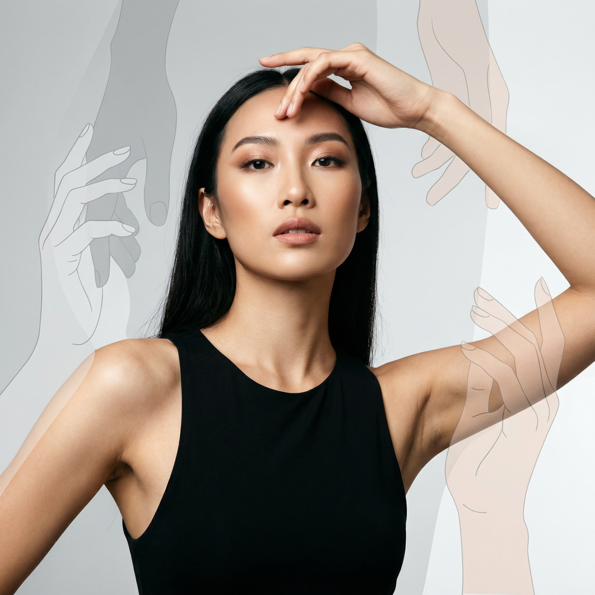 一位美丽的亚洲女性模特,黑色长发,面部妆容精致且高级,眼睛凝视镜头。她摆出优雅的姿势,将一只手抬起,手指轻轻置于额头前,姿态自信且放松。身穿简约的黑色时尚服饰(如无袖上衣),凸显锁骨与手臂线条。人物为近景半身像,占据画面主要部分。背景为高级灰白色调的渐变纯色。背景上分布着半透明、有设计感的手部线条图案或剪影,图案呈浅灰色或浅肤色,与背景融合,增添艺术感和层次感。整体背景干净、极简,具有现代平面设计感。