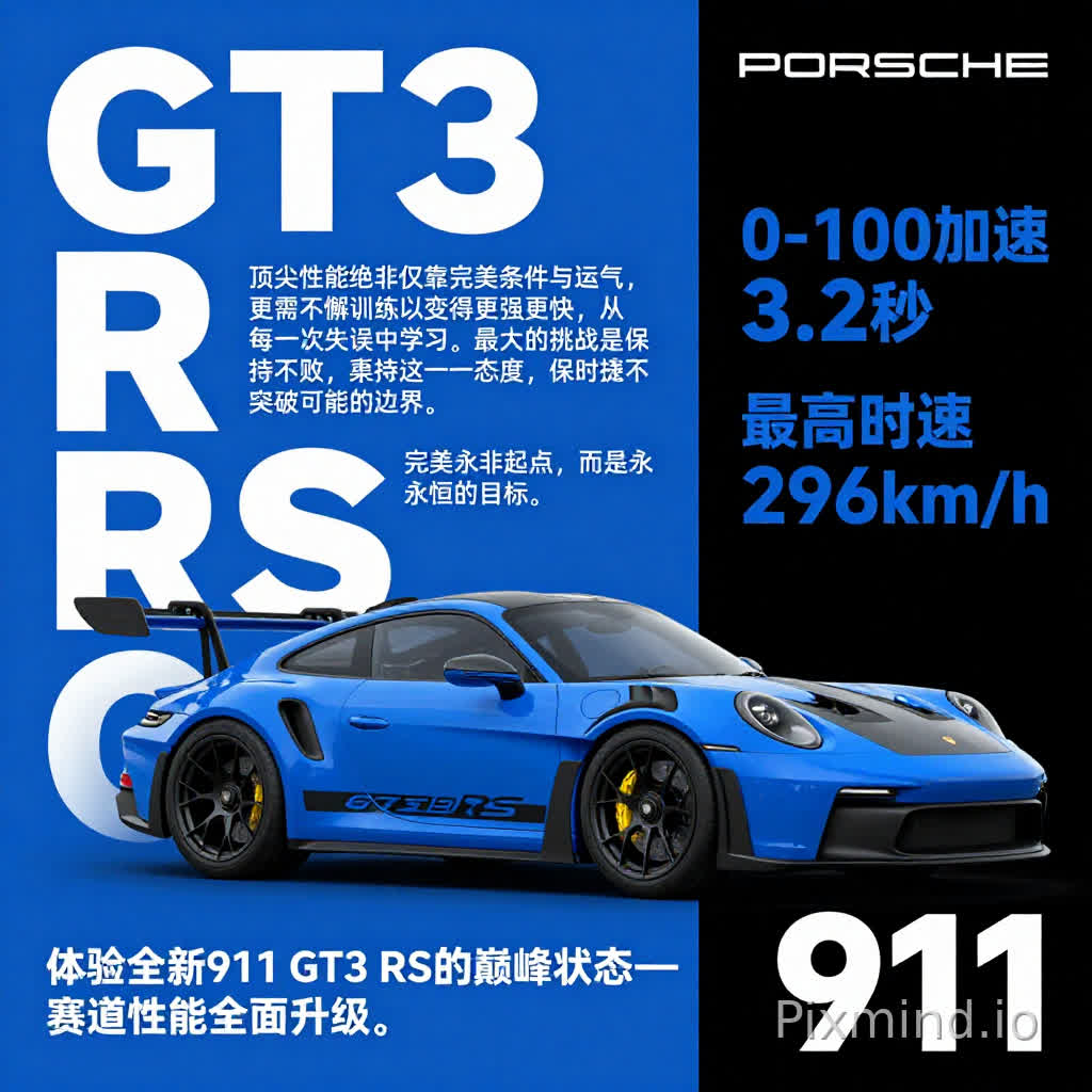 现代极简风格的保时捷911 GT3 RS性能海报,
主体是一辆亮蓝色保时捷911 GT3 RS跑车,配备大型碳纤维尾翼、黑色锻造轮毂与黄色刹车卡钳,车身侧面带有RS标识拉花,
背景采用高对比度的蓝黑撞色拼接设计,左侧为渐变蓝色块,右侧为纯黑块,
左侧垂直排列超大号白色粗体无衬线字体“GT3 RS”,
右上角用白色粗体字标注“PORSCHE”品牌名,
蓝色区块内用白色细无衬线字体放置两段文案:
1. “顶尖性能绝非仅靠完美条件与运气,更需不懈训练以变得更强更快,从每一次失误中学习。最大的挑战是保持不败,秉持这一态度,保时捷不断突破可能的边界。”
2. “完美永非起点,而是永恒的目标。”
底部蓝色区块补充文案:“体验全新911 GT3 RS的巅峰状态——赛道性能全面升级。”
右侧黑色区块用蓝色粗体字标注核心性能参数:“0-100加速 3.2秒”、“最高时速 296km/h”,
右下角用超大号白色粗体字突出“911”车型编号,
整体风格充满机械感与速度感,排版极具视觉冲击力,字体层次分明,高对比度,细节锐利,专业精致。