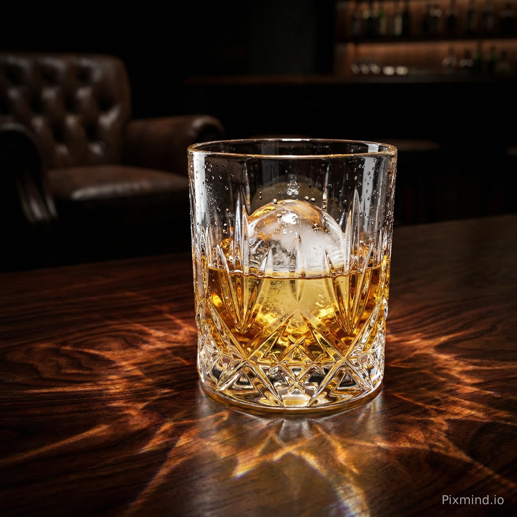 A product photography shot of a crystal rock glass filled with amber whiskey and a single large clear ice sphere. The glass sits on a dark, polished mahogany table. Harsh rim lighting creates dramatic caustic patterns on the wood surface. Condensation droplets cling to the side of the glass. The ice creates complex refractions. Dark moody atmosphere, ray-tracing rendering style, sharp focus, 8k.