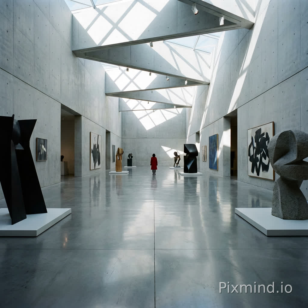 Interior wide shot of a minimalist modern art museum gallery. The space features high concrete walls, a polished concrete floor reflecting the artworks, and a complex geometric skylight casting sharp, angular shadows on the floor. A single person in a red coat stands in the distance for scale. Perfect linear perspective, symmetry, architectural photography, cool color tone, soft daylight, 16mm wide-angle lens.