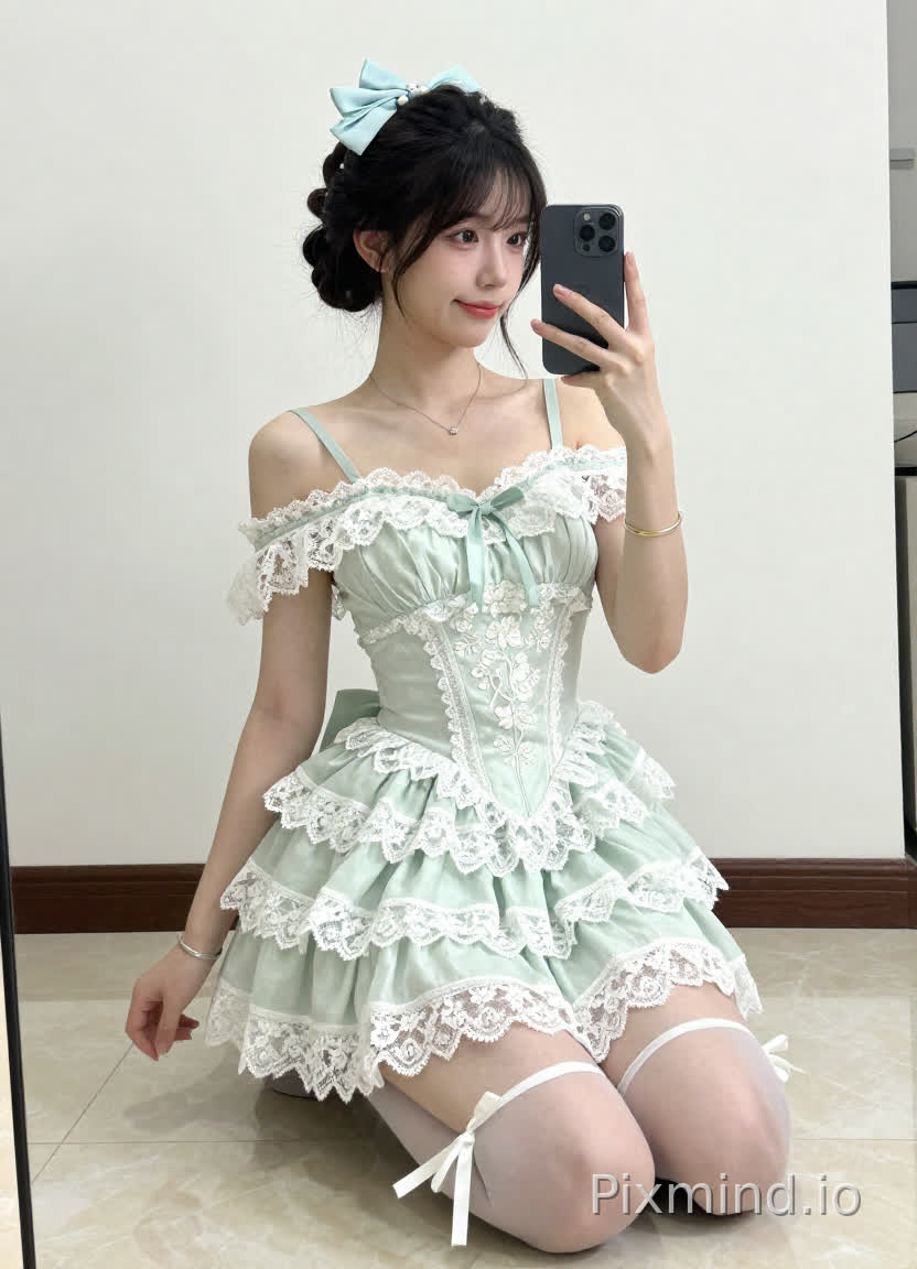 一位年轻的亚洲女性,跪在光滑的大理石地板上,左手拿着一部黑色智能手机自拍。她梳着盘发,头顶系着一个缀有白色珍珠的浅蓝色蝴蝶结。她的脸庞柔和,带着自然的微笑,目光落在手机屏幕上。她穿着一件浅绿色洛丽塔风格连衣裙,露肩细肩带,肩部和裙摆处有精致的白色蕾丝镶边,荷叶边层叠裙摆,带有及大腿高开叉,胸前有精致的花卉刺绣。佩戴着细细的银色项链,右腕戴着一个金手镯,左腕戴着一个银手镯。她的腿穿着透明的白色连裤袜,脚踝处系着白色丝带。背景是素净的白墙和一面镜子的倒影,柔和的自然光突出了蕾丝的细节和她的面部特征。整体风格写实、甜美且优雅,具有高清细节和8K分辨率。