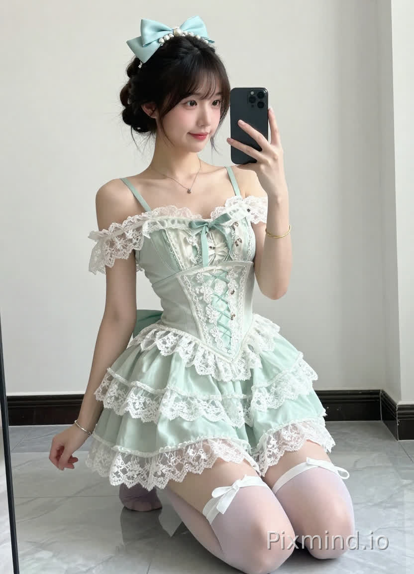 一位年轻的亚洲女性,跪在光滑的大理石地板上,左手拿着一部黑色智能手机自拍。她梳着盘发,头顶系着一个缀有白色珍珠的浅蓝色蝴蝶结。她的脸庞柔和,带着自然的微笑,目光落在手机屏幕上。她穿着一件浅绿色洛丽塔风格连衣裙,露肩细肩带,肩部和裙摆处有精致的白色蕾丝镶边,荷叶边层叠裙摆,带有及大腿高开叉,胸前有精致的花卉刺绣。佩戴着细细的银色项链,右腕戴着一个金手镯,左腕戴着一个银手镯。她的腿穿着透明的白色连裤袜,脚踝处系着白色丝带。背景是素净的白墙和一面镜子的倒影,柔和的自然光突出了蕾丝的细节和她的面部特征。整体风格写实、甜美且优雅,具有高清细节和8K分辨率。