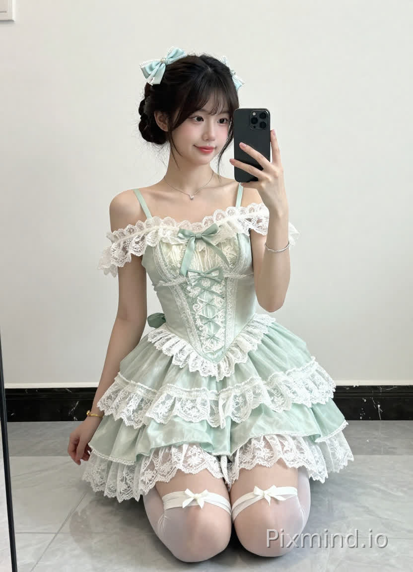 一位年轻的亚洲女性,跪在光滑的大理石地板上,左手拿着一部黑色智能手机自拍。她梳着盘发,头顶系着一个缀有白色珍珠的浅蓝色蝴蝶结。她的脸庞柔和,带着自然的微笑,目光落在手机屏幕上。她穿着一件浅绿色洛丽塔风格连衣裙,露肩细肩带,肩部和裙摆处有精致的白色蕾丝镶边,荷叶边层叠裙摆,带有及大腿高开叉,胸前有精致的花卉刺绣。佩戴着细细的银色项链,右腕戴着一个金手镯,左腕戴着一个银手镯。她的腿穿着透明的白色连裤袜,脚踝处系着白色丝带。背景是素净的白墙和一面镜子的倒影,柔和的自然光突出了蕾丝的细节和她的面部特征。整体风格写实、甜美且优雅,具有高清细节和8K分辨率。