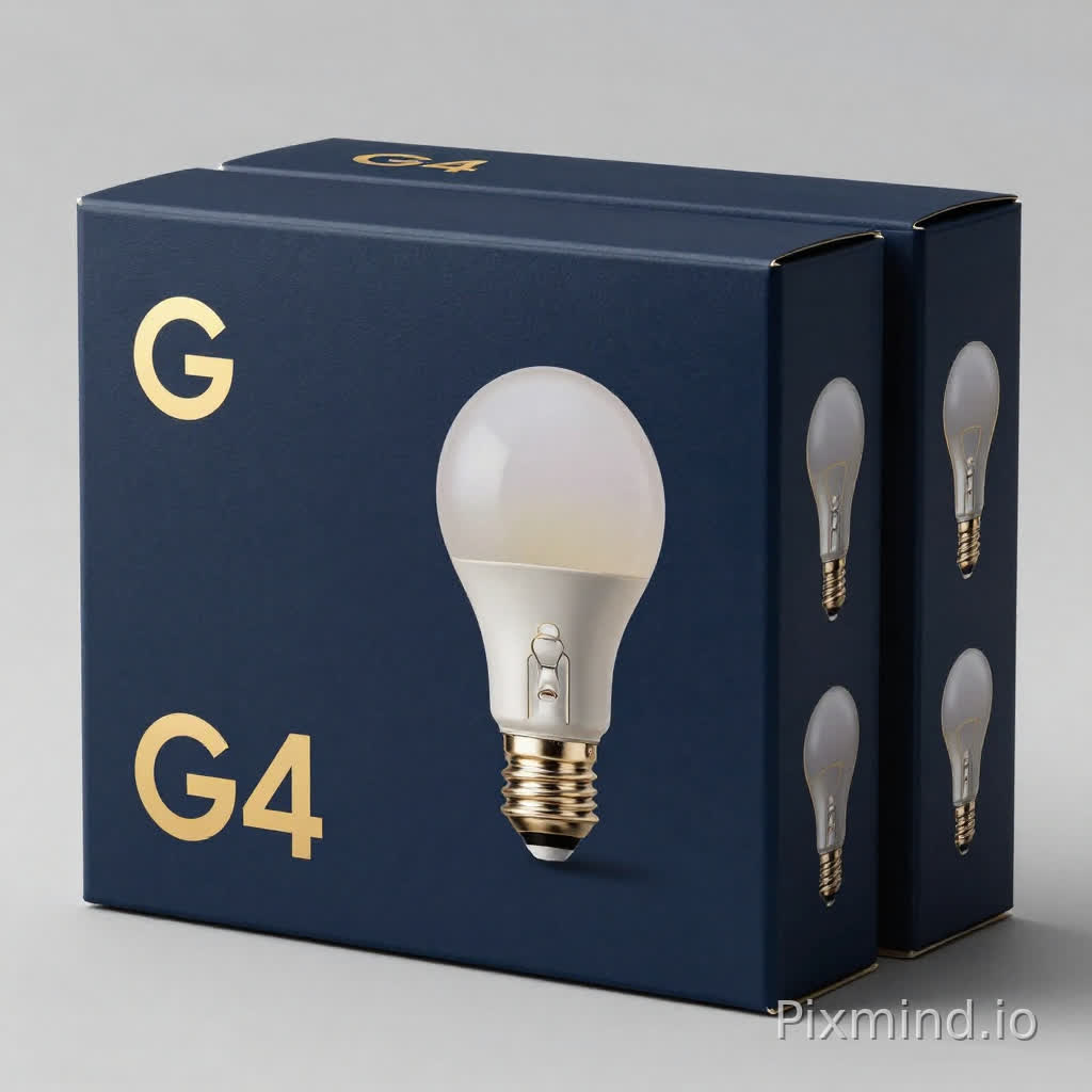 Luxury packaging design for G4 LED bulbs, 10-pack flat box, midnight navy blue matte texture, minimalist gold foil line art of light bulbs, professional lighting branding, 8k resolution, cinematic lighting --ar 3:2