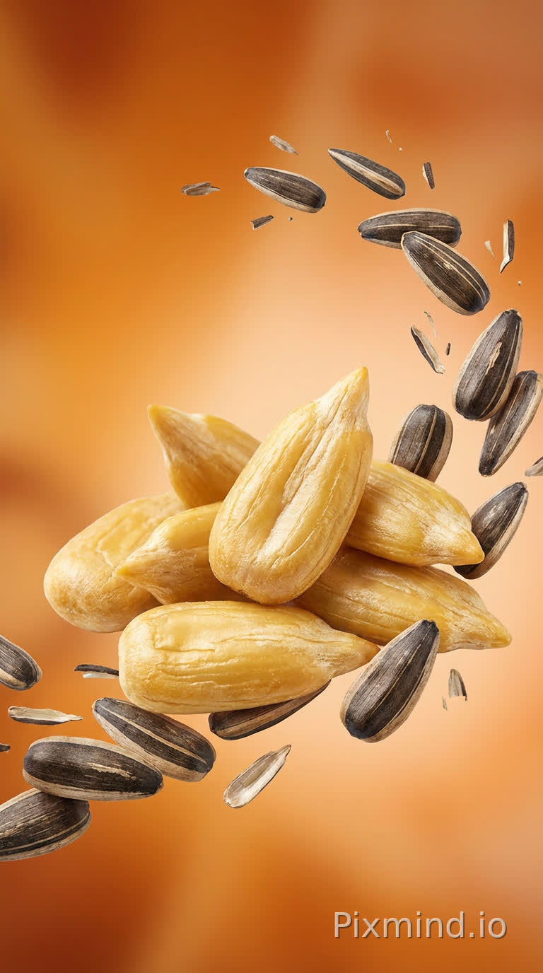 A close-up view of shelled sunflower seeds, with plump kernels displaying an alluring golden-yellow hue, possessing delicate surface textures and luster. Surrounding them are dynamically splashing unshelled sunflower seeds, exhibiting natural motion trajectories. The background features a warm orange gradient, transitioning from deep orange to light orange, creating a rich and appetizing atmosphere. The overall lighting is soft and uniform, highlighting the texture and details of the seeds, showcasing the exquisite quality of a snack advertisement and the professional standards of commercial photography.