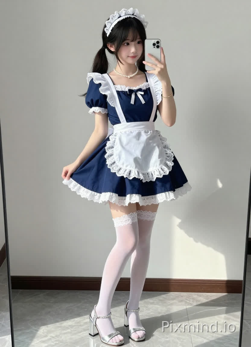 一个有着可爱甜美元气的年轻女孩,站在明亮的室内环境中,用一部银色智能手机自拍。她的头发梳成高马尾,上面戴着一个白色蕾丝蝴蝶结发带。她的脸上化着精致的妆容,有着大眼睛,嘴角带着温柔的笑容。
她穿着经典的女仆装:一件深蓝色短袖泡泡袖连衣裙,领口和袖口有白色蕾丝镶边;短裙下摆呈喇叭状,边缘也装饰着白色蕾丝。一条带有精致蕾丝镶边的白色围裙系在腰间,围裙在身前宽松地垂着。
她佩戴着围在颈间的精致珍珠项链,左手腕戴着细细的金手镯,右脚穿着一只银色高跟凉鞋——透明方块鞋跟,带有闪亮的链条装饰,左脚也穿着同系列的银色凉鞋。右大腿上,一条白色蕾丝吊袜带连接着透明的白色过膝长袜(仅在膝盖上方可见)。
背景是素净的浅灰色墙壁和光滑的灰色大理石地面。柔和的自然光侧光照亮她的左侧,在右侧投下柔和的阴影,增强了她的立体感和衣物的质感。
风格:高度细节化的动漫风格插画,8K超高清,拥有清晰光滑的皮肤纹理、精致的蕾丝细节和逼真的面料垂坠感。整体色调温暖又可爱,注重捕捉少女感(青春甜美的气息)和女仆装复杂的做工细节。