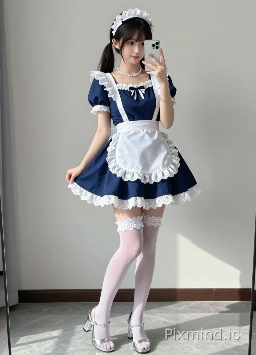 一个有着可爱甜美元气的年轻女孩,站在明亮的室内环境中,用一部银色智能手机自拍。她的头发梳成高马尾,上面戴着一个白色蕾丝蝴蝶结发带。她的脸上化着精致的妆容,有着大眼睛,嘴角带着温柔的笑容。
她穿着经典的女仆装:一件深蓝色短袖泡泡袖连衣裙,领口和袖口有白色蕾丝镶边;短裙下摆呈喇叭状,边缘也装饰着白色蕾丝。一条带有精致蕾丝镶边的白色围裙系在腰间,围裙在身前宽松地垂着。
她佩戴着围在颈间的精致珍珠项链,左手腕戴着细细的金手镯,右脚穿着一只银色高跟凉鞋——透明方块鞋跟,带有闪亮的链条装饰,左脚也穿着同系列的银色凉鞋。右大腿上,一条白色蕾丝吊袜带连接着透明的白色过膝长袜(仅在膝盖上方可见)。
背景是素净的浅灰色墙壁和光滑的灰色大理石地面。柔和的自然光侧光照亮她的左侧,在右侧投下柔和的阴影,增强了她的立体感和衣物的质感。
风格:高度细节化的动漫风格插画,8K超高清,拥有清晰光滑的皮肤纹理、精致的蕾丝细节和逼真的面料垂坠感。整体色调温暖又可爱,注重捕捉少女感(青春甜美的气息)和女仆装复杂的做工细节。