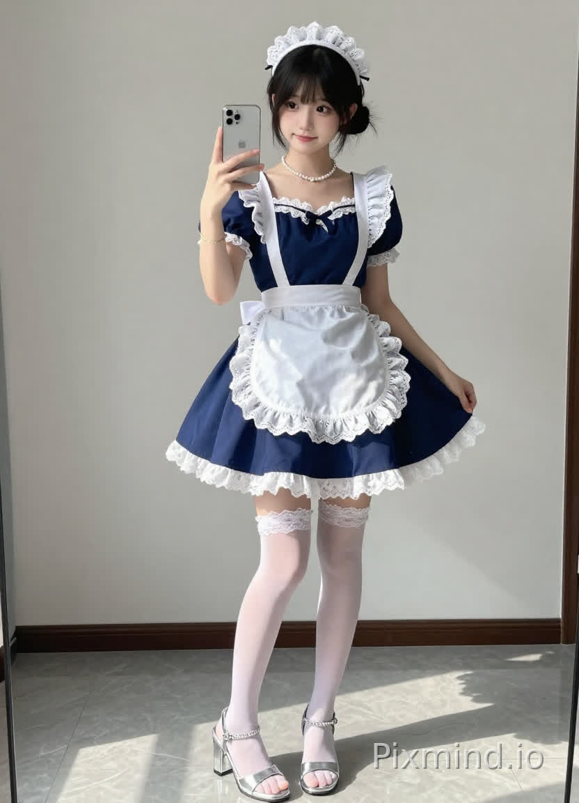 一个有着可爱甜美元气的年轻女孩,站在明亮的室内环境中,用一部银色智能手机自拍。她的头发梳成高马尾,上面戴着一个白色蕾丝蝴蝶结发带。她的脸上化着精致的妆容,有着大眼睛,嘴角带着温柔的笑容。
她穿着经典的女仆装:一件深蓝色短袖泡泡袖连衣裙,领口和袖口有白色蕾丝镶边;短裙下摆呈喇叭状,边缘也装饰着白色蕾丝。一条带有精致蕾丝镶边的白色围裙系在腰间,围裙在身前宽松地垂着。
她佩戴着围在颈间的精致珍珠项链,左手腕戴着细细的金手镯,右脚穿着一只银色高跟凉鞋——透明方块鞋跟,带有闪亮的链条装饰,左脚也穿着同系列的银色凉鞋。右大腿上,一条白色蕾丝吊袜带连接着透明的白色过膝长袜(仅在膝盖上方可见)。
背景是素净的浅灰色墙壁和光滑的灰色大理石地面。柔和的自然光侧光照亮她的左侧,在右侧投下柔和的阴影,增强了她的立体感和衣物的质感。
风格:高度细节化的动漫风格插画,8K超高清,拥有清晰光滑的皮肤纹理、精致的蕾丝细节和逼真的面料垂坠感。整体色调温暖又可爱,注重捕捉少女感(青春甜美的气息)和女仆装复杂的做工细节。