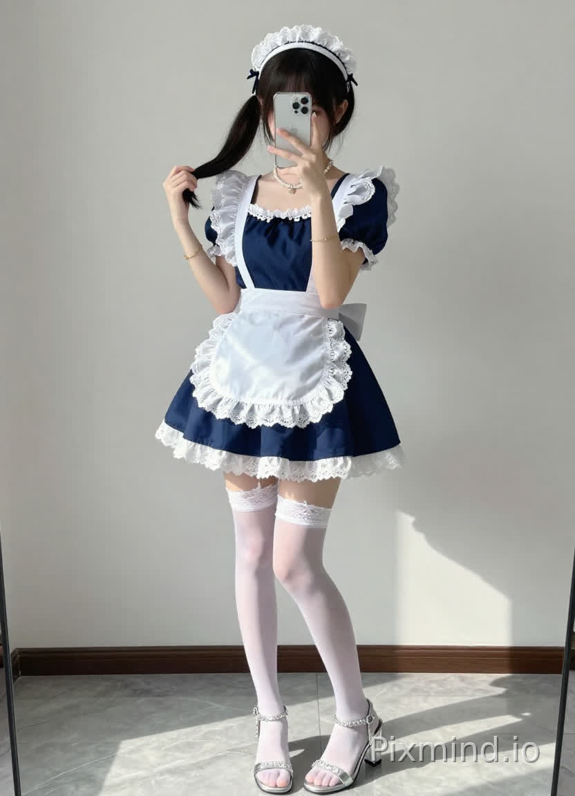 一个有着可爱甜美元气的年轻女孩,站在明亮的室内环境中,用一部银色智能手机自拍,她的右手轻轻捏着发梢。她的头发梳成高马尾,上面戴着一个白色蕾丝蝴蝶结发带。她的脸上化着精致的妆容,有着大眼睛,嘴角带着温柔的笑容。
她穿着经典的女仆装:一件深蓝色短袖泡泡袖连衣裙,领口和袖口有白色蕾丝镶边;短裙下摆呈喇叭状,边缘也装饰着白色蕾丝。一条带有精致蕾丝镶边的白色围裙系在腰间,围裙在身前宽松地垂着。
她佩戴着围在颈间的精致珍珠项链,左手腕戴着细细的金手镯,右脚穿着一只银色高跟凉鞋——透明方块鞋跟,带有闪亮的链条装饰,左脚也穿着同系列的银色凉鞋。右大腿上,一条白色蕾丝吊袜带连接着透明的白色过膝长袜(仅在膝盖上方可见)。
背景是素净的浅灰色墙壁和光滑的灰色大理石地面。柔和的自然光侧光照亮她的左侧,在右侧投下柔和的阴影,增强了她的立体感和衣物的质感。
风格:高度细节化的动漫风格插画,8K超高清,拥有清晰光滑的皮肤纹理、精致的蕾丝细节和逼真的面料垂坠感。整体色调温暖又可爱,注重捕捉少女感(青春甜美的气息)和女仆装复杂的做工细节。