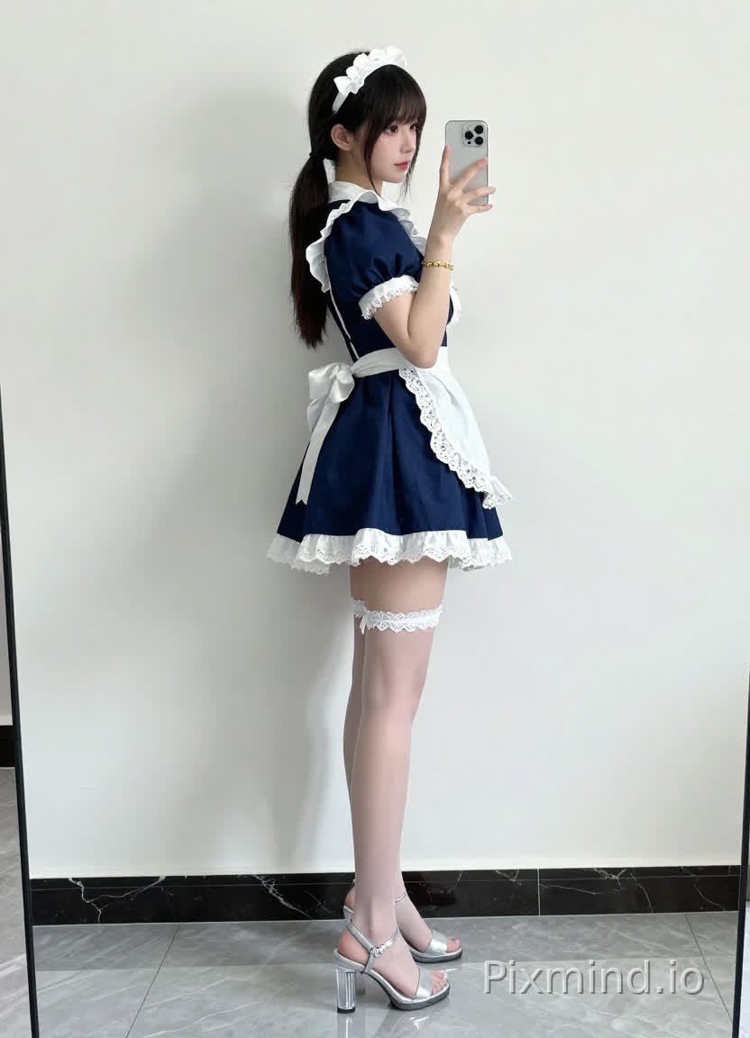 为所描述的图像生成的详细AI图像提示如下:
“一位年轻动漫风格女孩的全身侧面自拍照,背靠纯色白墙,站在灰色大理石地面上。她穿着一套可爱的女仆装cosplay服装:一件短袖泡泡袖连衣裙,深蓝色,领口、袖口和裙摆处有白色蕾丝装饰;一条白色蕾丝边围裙系在腰间;左大腿上系着白色蕾丝吊袜带。她的头发梳成高马尾,系着白色蝴蝶结发带。她面容精致,皮肤白皙,右手腕戴着金色手链。她手持一部背面有摄像头的银色智能手机自拍,微微侧头看向屏幕。脚上穿着银色金属质感高跟凉鞋,鞋跟为透明粗跟,鞋面是薄纱露趾设计。柔和的自然光为她打光,在白墙上投下淡淡阴影。风格活泼甜美,8K超高清细节,高质量渲染,细腻皮肤纹理,大理石地面上的清晰倒影,柔和光线,真实比例,照片级细节,营造可爱迷人的氛围。”