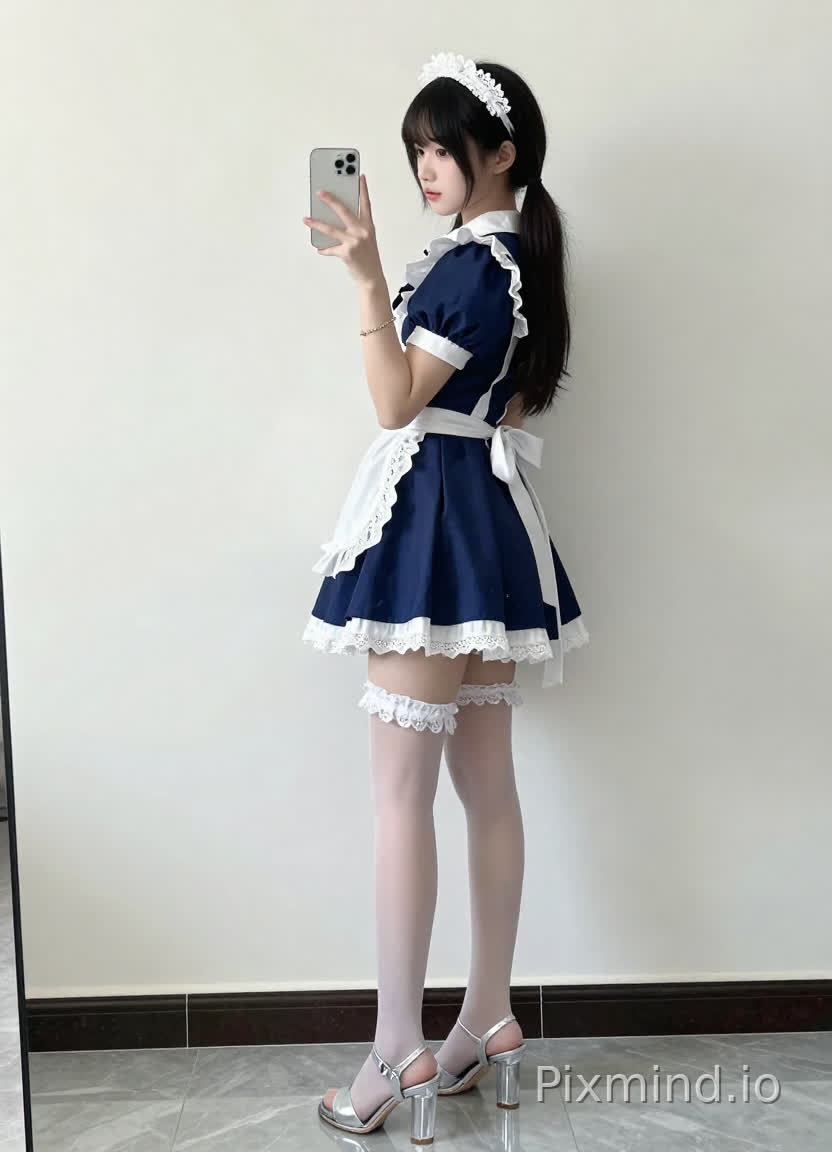 为所描述的图像生成的详细AI图像提示如下:
“一位年轻动漫风格女孩的全身侧面自拍照,背靠纯色白墙,站在灰色大理石地面上。她穿着一套可爱的女仆装cosplay服装:一件短袖泡泡袖连衣裙,深蓝色,领口、袖口和裙摆处有白色蕾丝装饰;一条白色蕾丝边围裙系在腰间;左大腿上系着白色蕾丝吊袜带。她的头发梳成高马尾,系着白色蝴蝶结发带。她面容精致,皮肤白皙,右手腕戴着金色手链。她手持一部背面有摄像头的银色智能手机自拍,微微侧头看向屏幕。脚上穿着银色金属质感高跟凉鞋,鞋跟为透明粗跟,鞋面是薄纱露趾设计。柔和的自然光为她打光,在白墙上投下淡淡阴影。风格活泼甜美,8K超高清细节,高质量渲染,细腻皮肤纹理,大理石地面上的清晰倒影,柔和光线,真实比例,照片级细节,营造可爱迷人的氛围。”致的蕾丝细节和逼真的面料垂坠感。整体色调温暖又可爱,注重捕捉少女感(青春甜美的气息)和女仆装复杂的做工细节。
