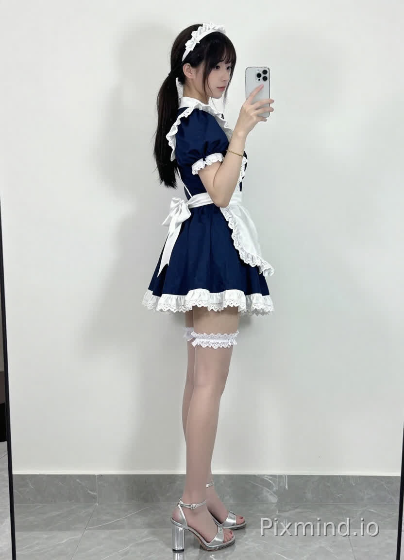 为所描述的图像生成的详细AI图像提示如下:
“一位年轻动漫风格女孩的全身侧面自拍照,背靠纯色白墙,站在灰色大理石地面上。她穿着一套可爱的女仆装cosplay服装:一件短袖泡泡袖连衣裙,深蓝色,领口、袖口和裙摆处有白色蕾丝装饰;一条白色蕾丝边围裙系在腰间;左大腿上系着白色蕾丝吊袜带。她的头发梳成高马尾,系着白色蝴蝶结发带。她面容精致,皮肤白皙,右手腕戴着金色手链。她手持一部背面有摄像头的银色智能手机自拍,微微侧头看向屏幕。脚上穿着银色金属质感高跟凉鞋,鞋跟为透明粗跟,鞋面是薄纱露趾设计。柔和的自然光为她打光,在白墙上投下淡淡阴影。风格活泼甜美,8K超高清细节,高质量渲染,细腻皮肤纹理,大理石地面上的清晰倒影,柔和光线,真实比例,照片级细节,营造可爱迷人的氛围。”