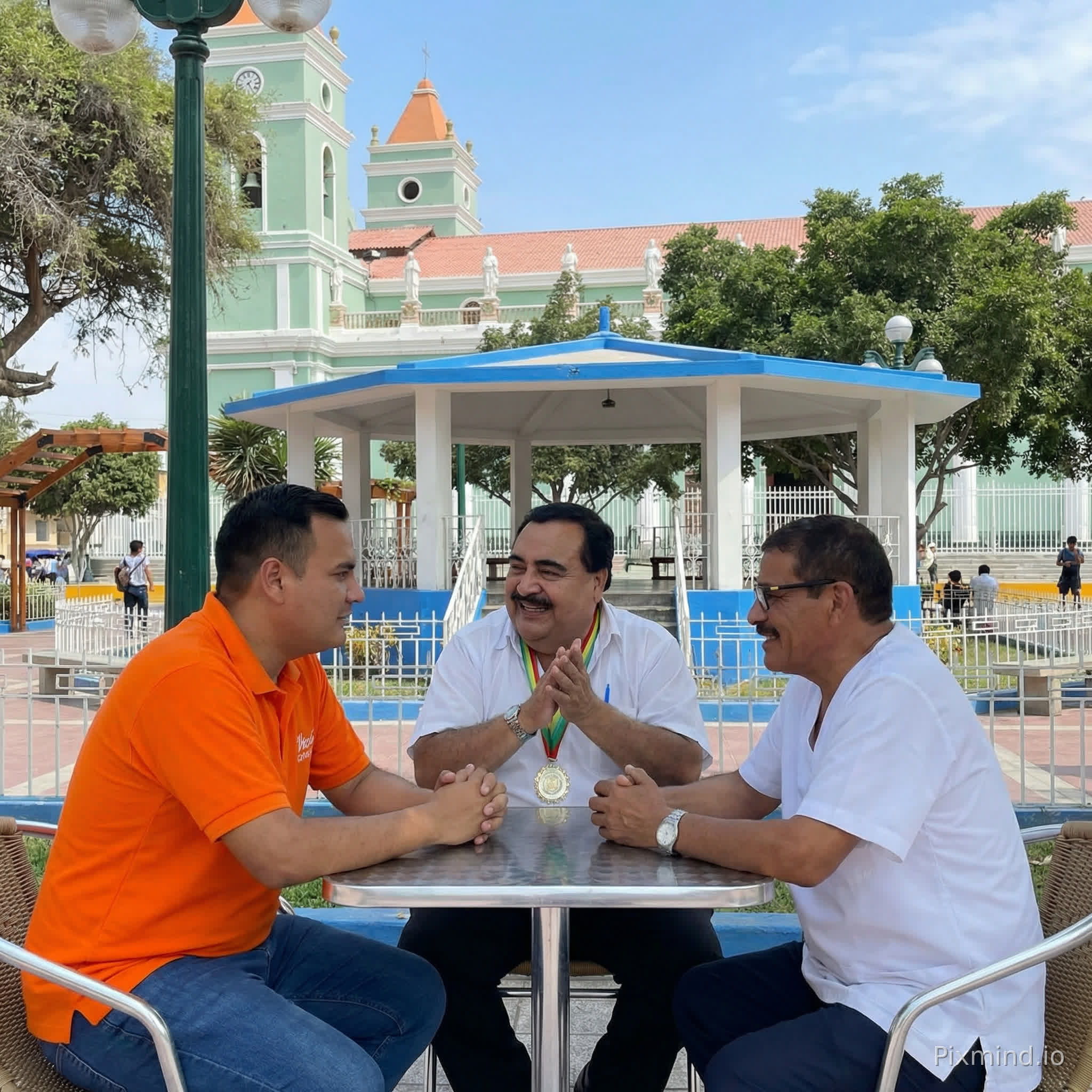 Necesito un video con orientación vertical con los tres
integrantes de las fotografías como protagonistas. Se requiere un estilo
realista sin cambiar nada del rostro, con un audio limpio y en una reunión
amical en la plaza que aparece como referencia en una de las
fotografías. La iluminación es natural, como de mediodía. Las tres personas se
miran entre sí. El diálogo y el orden es el siguiente:
- Víctor (de polo naranja y cabello corto):
"Pepe, ayúdame a ganar la alcaldía de Catacaos"
- Pepe (con medalla y camisa blanca):
"Ya le dije a muelas, a mi hijo Coco que den la logística necesaria.
Llegamos al poder y somos", se frota las manos.
- Víctor (de polo naranja y cabello corto):"Esos
cholitos de Pedregal tienen que darme el voto. Como hacemos que se olviden de
la salida del río cuando me fui a Piura y los dejé solitos".
- Juan (de lentes y bata blanca de médico):
"Vitucho, no te preocupes. Con mi hijo diputado y tú en la alcaldía
sacamos la plata para las defensas ribereñas y los engañamos que la haremos.
Total, nunca les hacen nada".