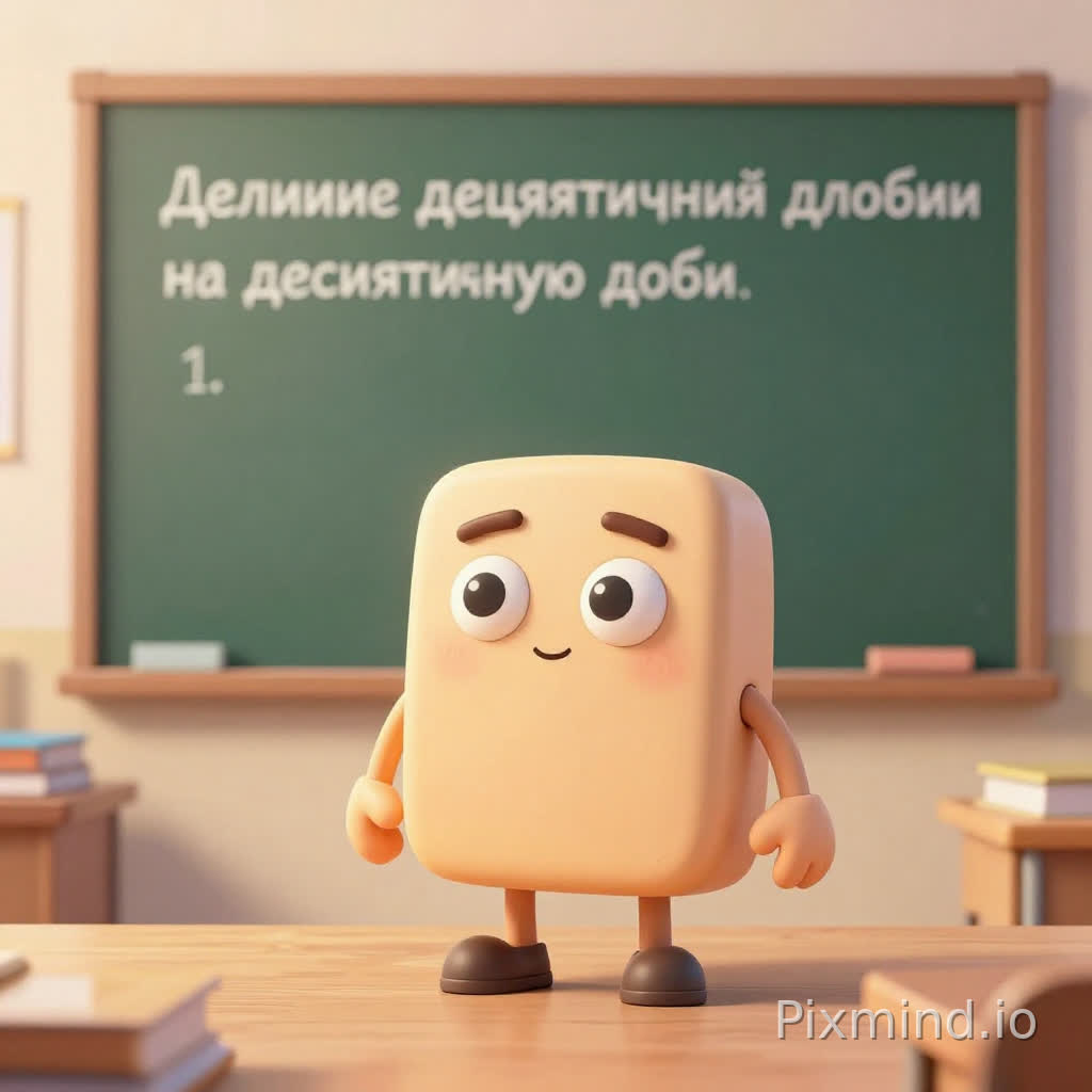 Вид 5 класс кабинет математики и классная доска с надписью тема: Деление десятичной дроби на десятичную дробь
Антропоморфный объект десятичной дроби с глазами, бровями, маленькие ручки, маленькие ножки
Дополнительно лёгкое размытие фона, кинематографичная композиция, центр кадра,shallow depth of field, мягкие тени, 3D мультфильм/ пиксар-стайл высокое качество, вертикальный кадр