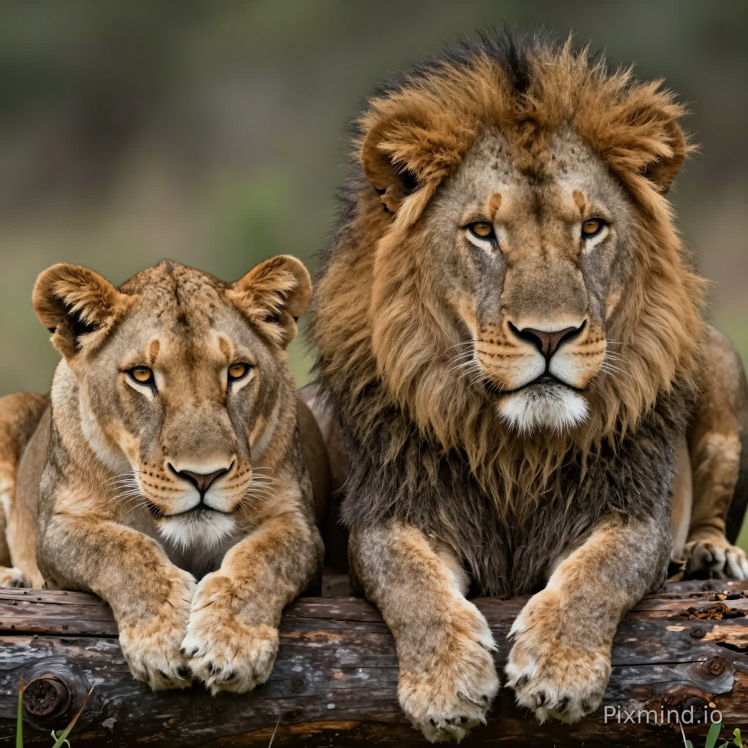 A hyperrealistic, close-up AI-generated image featuring two lions: a male lion with a thick, rich chestnut-brown mane streaked with deeper black and golden highlights, and a female lion with shorter, soft tawny fur, lying side by side on a weathered, dark wooden log. The male lion, positioned slightly to the right, rests its front paws forward with a relaxed, alert gaze, while the female lion, on the left, leans its head gently on its paws, its eyes a warm amber with light reflecting softly in their pupils.A hyperrealistic, close-up AI-generated image featuring two lions: a male lion with a thick, rich chestnut-brown mane streaked with deeper black and golden highlights, and a female lion with shorter, soft tawny fur, lying side by side on a weathered, dark wooden log. The male lion, positioned slightly to the right, rests its front paws forward with a relaxed, alert gaze, while the female lion, on the left, leans its head gently on its paws, its eyes a warm amber with light reflecting softly in their pupils.