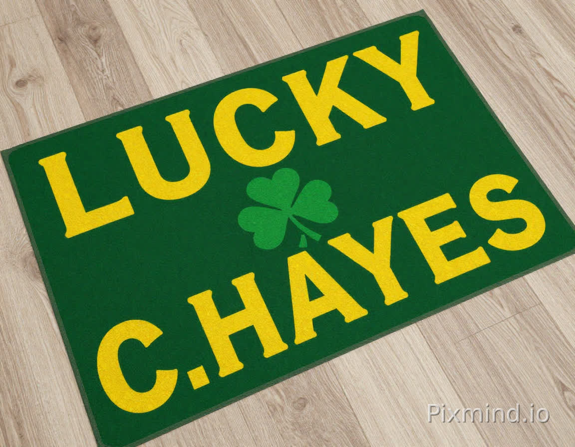 I would like it to say from the right bottom corner to true left top corner I want the word “LUCKY”. Then on the left hand bottom corner going diagonally upward towards the right top corner I want the word “C. HAYES”. Then in the center between the two words a four leaf clover.The font is Anton, the font color is yellow, and the image generation size needs to be designed on a floor mat with a size of 63 inches * 48 inches.