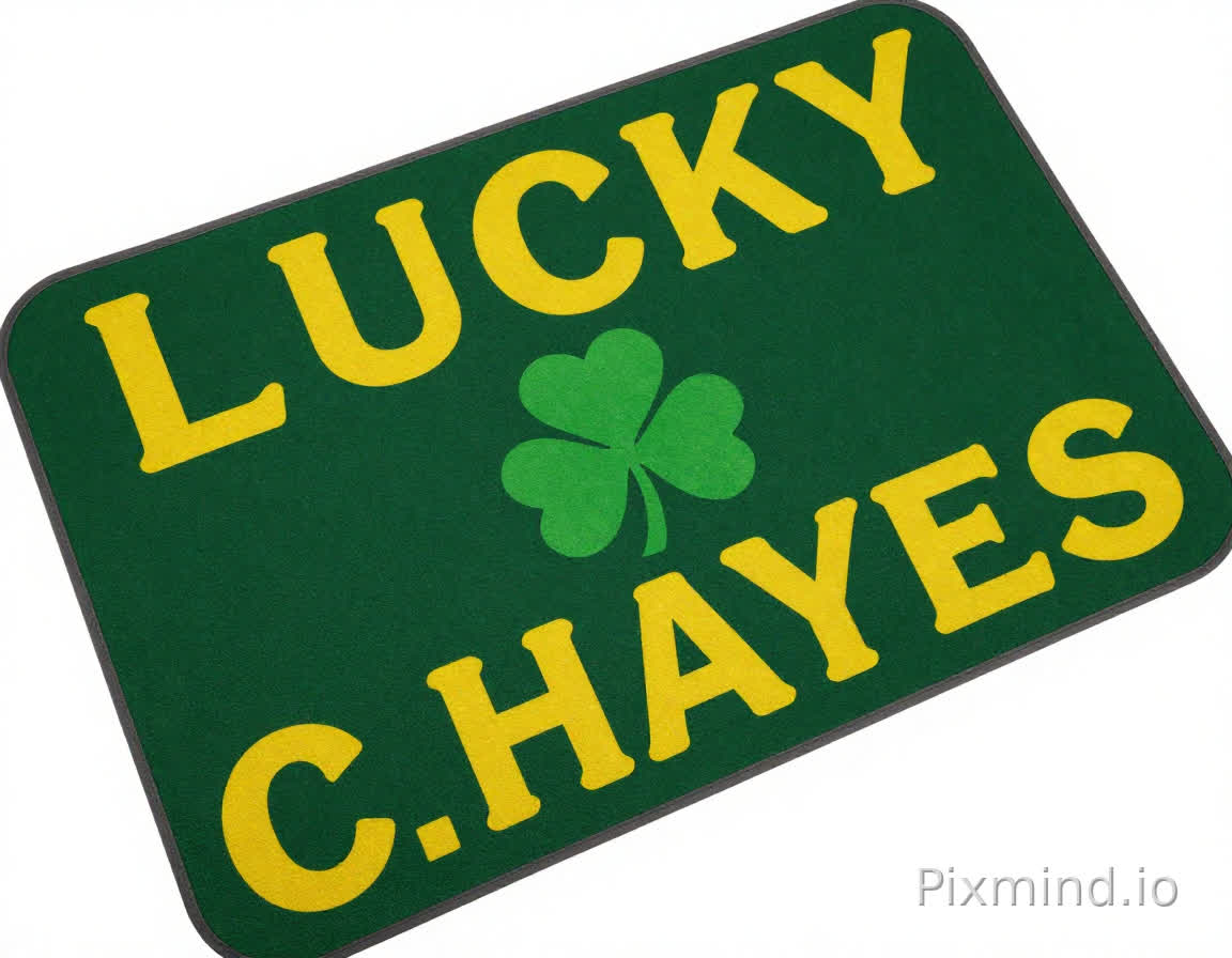 I would like it to say from the right bottom corner to true left top corner I want the word “LUCKY”. Then on the left hand bottom corner going diagonally upward towards the right top corner I want the word “C. HAYES”. Then in the center between the two words a four leaf clover.The font is Anton, the font color is yellow, and the image generation size needs to be designed on a floor mat with a size of 63 inches * 48 inches.