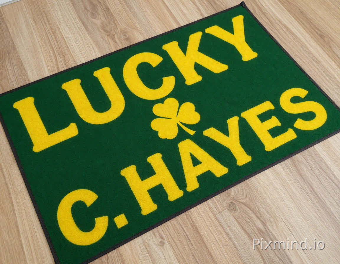 I would like it to say from the right bottom corner to true left top corner I want the word “LUCKY”. Then on the left hand bottom corner going diagonally upward towards the right top corner I want the word “C. HAYES”. Then in the center between the two words a four leaf clover.The font is Anton, the font color is yellow, and the image generation size needs to be designed on a floor mat with a size of 63 inches * 48 inches.Pay attention to the angle and placement of words.