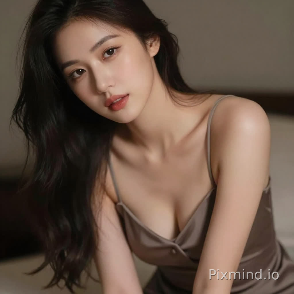 A sensual woman leaning slightly forward, deep neckline dress, subtle cleavage, inviting gaze, soft focus background, intimate framing, realistic skin highlights, moody lighting, editorial sensual photography