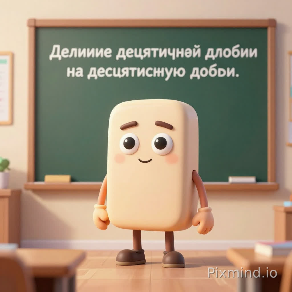 Вид 5 класс кабинет математики и классная доска с надписью тема: Деление десятичной дроби на десятичную дробь
Антропоморфный объект десятичной дроби с глазами, бровями, маленькие ручки, маленькие ножки
Дополнительно лёгкое размытие фона, кинематографичная композиция, центр кадра,shallow depth of field, мягкие тени, 3D мультфильм/ пиксар-стайл высокое качество, вертикальный кадр