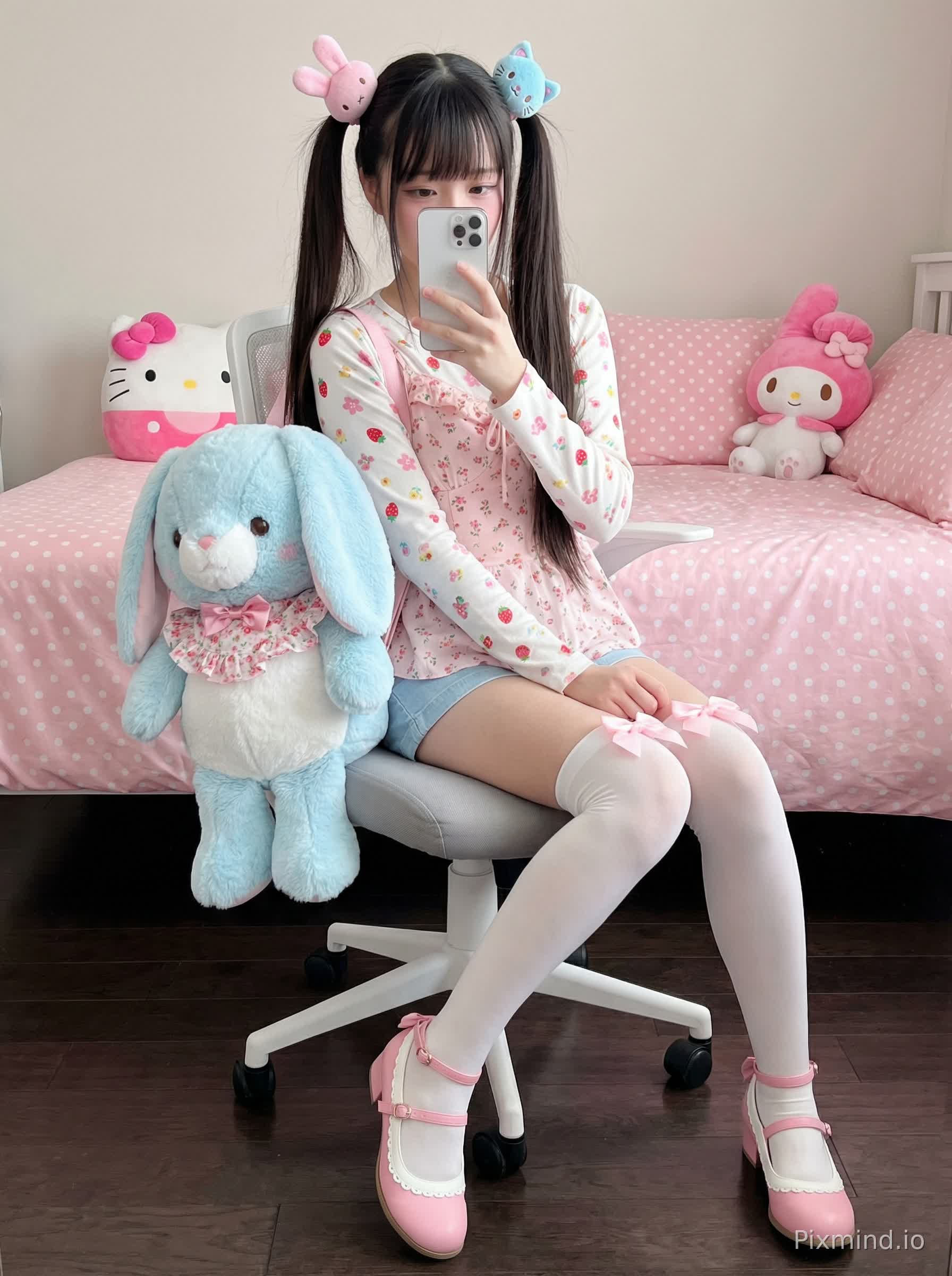 一个可爱的少女(年轻女孩)扎着又长又直的双马尾,左马尾上戴着粉色兔子形状的发饰,右马尾上戴着蓝色小猫形状的发饰,正坐在一把带灰色坐垫的白色办公椅上。她双手拿着银色iPhone(苹果机型)自拍,姿态自然放松。上半身穿着一件带粉色小碎花图案的浅粉色连衣裙,外面叠穿了一件白色长袖上衣,上衣上有彩色小碎花图案(草莓、樱花等),连衣裙领口宽松,带有微褶边设计,胸前还有银色小纽扣细节。她穿着浅蓝色牛仔短裤,短裤下面是白色过膝长袜,右大腿处有一个粉色小蝴蝶结装饰。双腿交叉着,脚上穿着浅粉色玛丽珍鞋,鞋面为白色,鞋带是粉色的。她的腿旁边的椅子上放着一个大型毛绒兔子形状的包(玩具包),包身是浅蓝色的,肚子和脖子周围有白色的蓬松毛绒,胸前有粉色碎花褶边,爪子上有粉色碎花图案,头上还系着一个粉色蝴蝶结。
背景是一间舒适的卧室,床上铺着浅粉色波点床单,床上有一个粉色的Hello Kitty毛绒枕(带有粉色蝴蝶结、白色脸蛋、黑色眼睛)和一个粉色的My Melody毛绒玩具。地板是深色木质的,整体氛围温暖、甜美且活泼。光线是柔和的室内光,增强了可爱柔和的氛围。8K超高清、超详细、高质量、杰作级画质,最佳照明效果,柔和色彩搭配(粉彩色、浅蓝色、白色、木色),细腻的纹理(蓬松的毛绒、碎花图案、蕾丝、柔软的面料),表情自然生动。