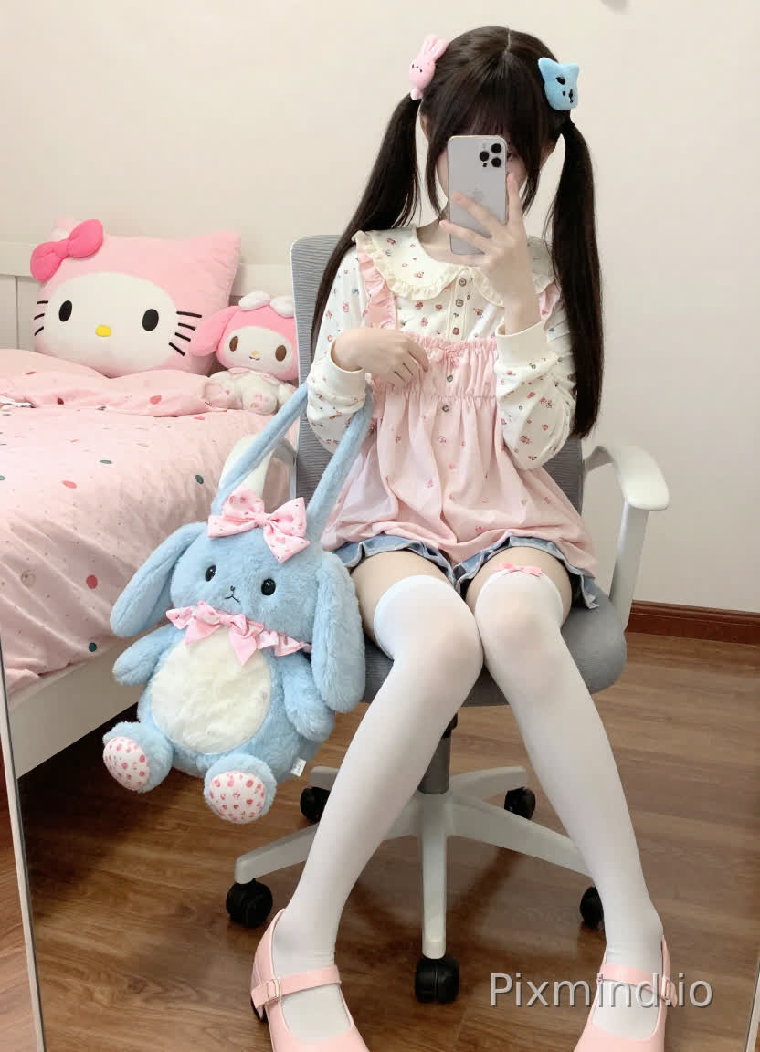 一个可爱的少女(年轻女孩)扎着又长又直的双马尾,左马尾上戴着粉色兔子形状的发饰,右马尾上戴着蓝色小猫形状的发饰,正坐在一把带灰色坐垫的白色办公椅上。她双手拿着银色iPhone(苹果机型)自拍,姿态自然放松。上半身穿着一件带粉色小碎花图案的浅粉色连衣裙,外面叠穿了一件白色长袖上衣,上衣上有彩色小碎花图案(草莓、樱花等),连衣裙领口宽松,带有微褶边设计,胸前还有银色小纽扣细节。她穿着浅蓝色牛仔短裤,短裤下面是白色过膝长袜,右大腿处有一个粉色小蝴蝶结装饰。双腿交叉着,脚上穿着浅粉色玛丽珍鞋,鞋面为白色,鞋带是粉色的。她的腿旁边的椅子上放着一个大型毛绒兔子形状的包(玩具包),包身是浅蓝色的,肚子和脖子周围有白色的蓬松毛绒,胸前有粉色碎花褶边,爪子上有粉色碎花图案,头上还系着一个粉色蝴蝶结。
背景是一间舒适的卧室,床上铺着浅粉色波点床单,床上有一个粉色的Hello Kitty毛绒枕(带有粉色蝴蝶结、白色脸蛋、黑色眼睛)和一个粉色的My Melody毛绒玩具。地板是深色木质的,整体氛围温暖、甜美且活泼。光线是柔和的室内光,增强了可爱柔和的氛围。8K超高清、超详细、高质量、杰作级画质,最佳照明效果,柔和色彩搭配(粉彩色、浅蓝色、白色、木色),细腻的纹理(蓬松的毛绒、碎花图案、蕾丝、柔软的面料),表情自然生动。