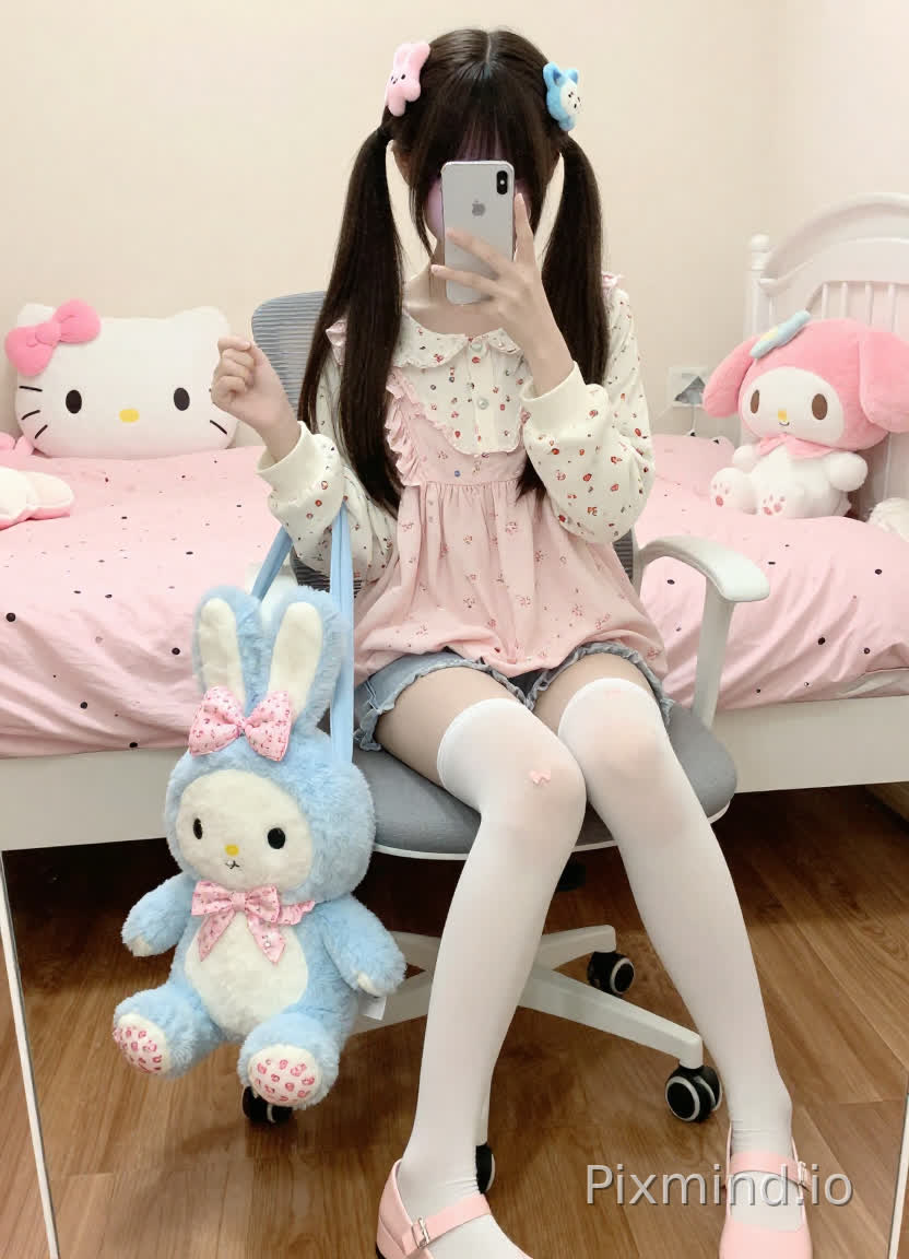 一个可爱的少女(年轻女孩)扎着又长又直的双马尾,左马尾上戴着粉色兔子形状的发饰,右马尾上戴着蓝色小猫形状的发饰,正坐在一把带灰色坐垫的白色办公椅上。她双手拿着银色iPhone(苹果机型)自拍,姿态自然放松。上半身穿着一件带粉色小碎花图案的浅粉色连衣裙,外面叠穿了一件白色长袖上衣,上衣上有彩色小碎花图案(草莓、樱花等),连衣裙领口宽松,带有微褶边设计,胸前还有银色小纽扣细节。她穿着浅蓝色牛仔短裤,短裤下面是白色过膝长袜,右大腿处有一个粉色小蝴蝶结装饰。双腿交叉着,脚上穿着浅粉色玛丽珍鞋,鞋面为白色,鞋带是粉色的。她的腿旁边的椅子上放着一个大型毛绒兔子形状的包(玩具包),包身是浅蓝色的,肚子和脖子周围有白色的蓬松毛绒,胸前有粉色碎花褶边,爪子上有粉色碎花图案,头上还系着一个粉色蝴蝶结。
背景是一间舒适的卧室,床上铺着浅粉色波点床单,床上有一个粉色的Hello Kitty毛绒枕(带有粉色蝴蝶结、白色脸蛋、黑色眼睛)和一个粉色的My Melody毛绒玩具。地板是深色木质的,整体氛围温暖、甜美且活泼。光线是柔和的室内光,增强了可爱柔和的氛围。8K超高清、超详细、高质量、杰作级画质,最佳照明效果,柔和色彩搭配(粉彩色、浅蓝色、白色、木色),细腻的纹理(蓬松的毛绒、碎花图案、蕾丝、柔软的面料),表情自然生动。