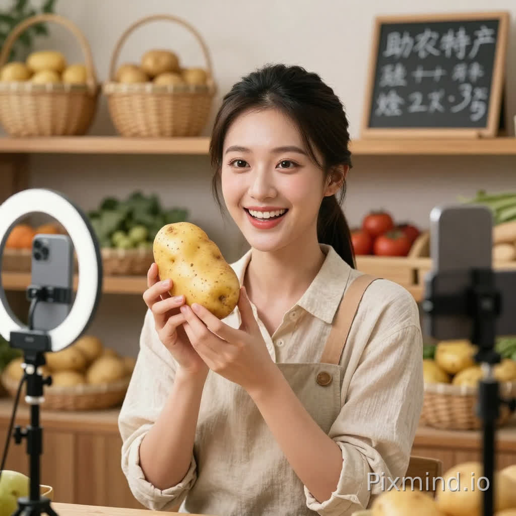 一位充满活力和亲和力的年轻亚洲女主播,五官精致,妆容自然清新,梳着利落的马尾辫。她身穿简约的棉麻质感衬衫搭配浅色围裙,展现出助农带货的专业形象。她的双手捧着一颗硕大、表皮金黄且带有少量新鲜泥土的优质土豆,正对着镜头热情地展示细节,面带极具感染力的灿烂笑容,眼神明亮注视着前方,仿佛正在与观众互动。
直播间背景布置成温馨的田园风格,后方木质货架上整齐摆放着装满土豆的竹编篮筐和各式农产品,旁边立着写有“助农特产”或价格信息的精美手写板。前景可以看到模糊的专业直播设备轮廓,包括带有环形补光灯的手机支架、电容麦克风,营造出真实且繁忙的电商带货现场氛围。
写实主义摄影风格,商业人像摄影,高清晰度,电影级质感。采用专业的演播室三点布光,柔和的主光照亮面部,轮廓光勾勒出发丝边缘,暖色调的环境光增强温馨感。色彩鲜艳明快,重点突出土豆的自然纹理和主播的红润肤色。中景构图,浅景深(Bokeh)虚化背景杂物,焦点清晰锐利地锁定在人物面部和手中的土豆上。
8k分辨率,超高清,杰作,极致细节,光线追踪,虚幻引擎5渲染,照片级真实感,高动态范围(HDR),无噪点,高品质。