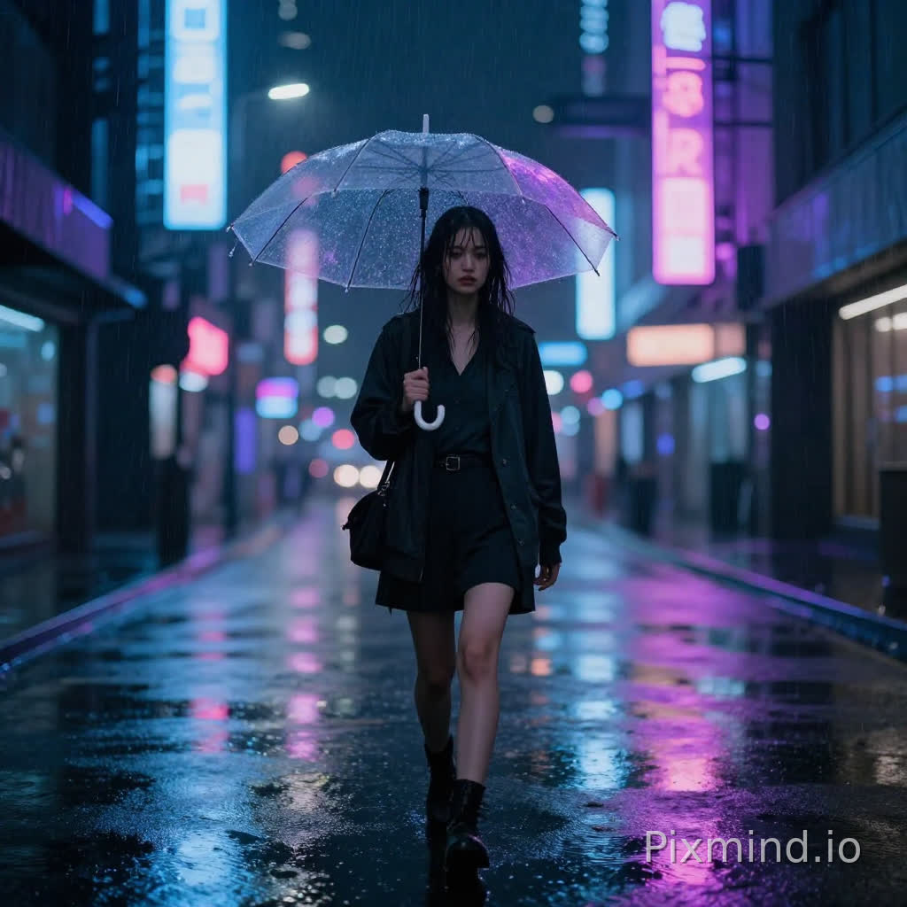 一位年轻女子独自走在一条荒凉的、霓虹灯照亮的赛博朋克街道上的全身照片,下着大雨的夜晚。她撑着一把透明雨伞,反射着周围招牌明亮的蓝色、紫色和粉色。她的黑发微微湿润,贴在脸上。湿漉漉的路面像镜子一样反射着城市灯光。氛围忧郁而电影感十足。雨滴清晰可见。使用85毫米镜头拍摄,f/1.8光圈,城市灯光虚化,黑色电影美学,超写实,8K画质。