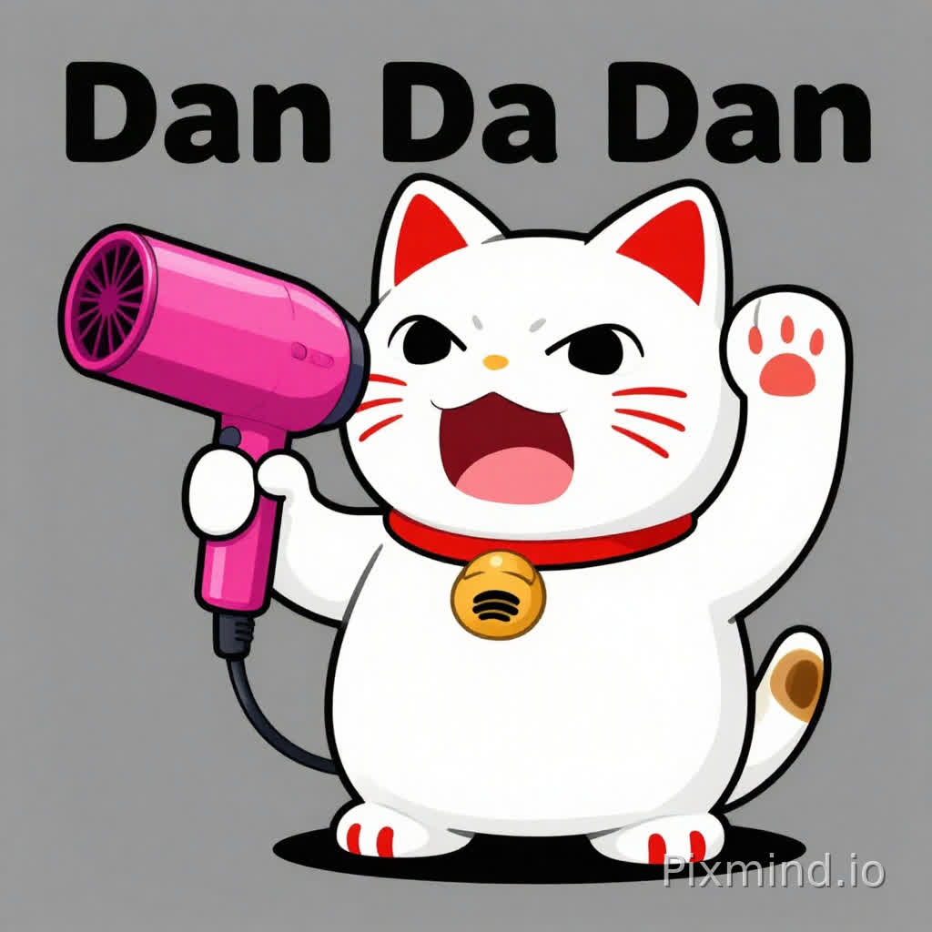《Dan Da Dan》片尾曲风格的动漫截图。一只白色的拟人化招财猫,红色耳朵,双爪握着一把亮粉色吹风机,姿态像是拿着武器一样。猫咪表情凶猛,正在大喊。平面2D着色,鲜艳的波普艺术色彩,锐利的轮廓线,极简灰色背景。高质量,风格化角色的精准解剖。