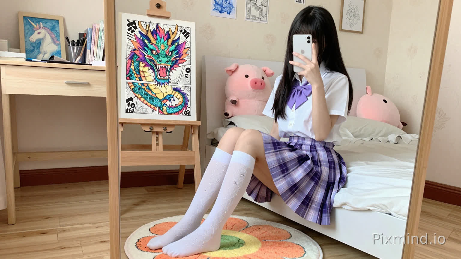 一幅细节丰富、色彩鲜艳的数字绘画,描绘了一位年轻的亚洲女学生在她温馨的卧室里自拍。她有着乌黑的长直发,带着刘海,双腿交叉地坐在一张白色床沿,双脚搭在一块彩色的花朵形状地毯上(白色底色,黄色中心,橙色和绿色花瓣图案)。她穿着一件白色短袖校服衬衫,系着紫色领结,一条浅紫色和深紫色格子百褶裙,以及白色过膝袜,袜子上装饰着菱形图案和小星星装饰,双脚赤裸。她双手举着一部白色iPhone(竖排摄像头模组)到脸前,遮住了部分表情。
在她身后,一面大木框落地镜映照出整个场景,展现出房间的细节。床上,一个粉色毛绒猪玩具靠在床头板上。在她左侧,一个木质画架架着一幅生动的漫画风格插画,画中是一条凶猛、色彩鲜艳的龙,长着锋利的牙齿和发光的眼睛,边缘有日文文字,如“TNT”和“TWG”。画架旁边是一张木质书桌,上面堆满了美术用品、一摞书,还有一幅装裱好的小画,画的是一只会飞的独角兽。墙上挂着几幅装裱好的艺术品,包括一幅蓝色素描和一幅黑白插画。房间里铺着浅色木地板,柔和的米色墙壁上有精致的花卉图案,温暖、柔和的自然光洒进来,营造出明亮、温馨且富有艺术魅力的氛围。高细节,主体焦点清晰,柔和的色彩基调点缀着鲜艳的色彩(紫色、粉色、橙色、绿色),8K分辨率,动漫风格。