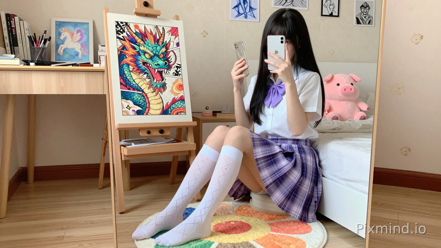 一幅细节丰富、色彩鲜艳的数字绘画,描绘了一位年轻的亚洲女学生在她温馨的卧室里自拍。她有着乌黑的长直发,带着刘海,双腿交叉地坐在一张白色床沿,双脚搭在一块彩色的花朵形状地毯上(白色底色,黄色中心,橙色和绿色花瓣图案)。她穿着一件白色短袖校服衬衫,系着紫色领结,一条浅紫色和深紫色格子百褶裙,以及白色过膝袜,袜子上装饰着菱形图案和小星星装饰,双脚赤裸。她双手举着一部白色iPhone(竖排摄像头模组)到脸前,遮住了部分表情。
在她身后,一面大木框落地镜映照出整个场景,展现出房间的细节。床上,一个粉色毛绒猪玩具靠在床头板上。在她左侧,一个木质画架架着一幅生动的漫画风格插画,画中是一条凶猛、色彩鲜艳的龙,长着锋利的牙齿和发光的眼睛,边缘有日文文字,如“TNT”和“TWG”。画架旁边是一张木质书桌,上面堆满了美术用品、一摞书,还有一幅装裱好的小画,画的是一只会飞的独角兽。墙上挂着几幅装裱好的艺术品,包括一幅蓝色素描和一幅黑白插画。房间里铺着浅色木地板,柔和的米色墙壁上有精致的花卉图案,温暖、柔和的自然光洒进来,营造出明亮、温馨且富有艺术魅力的氛围。高细节,主体焦点清晰,柔和的色彩基调点缀着鲜艳的色彩(紫色、粉色、橙色、绿色),8K分辨率,动漫风格。