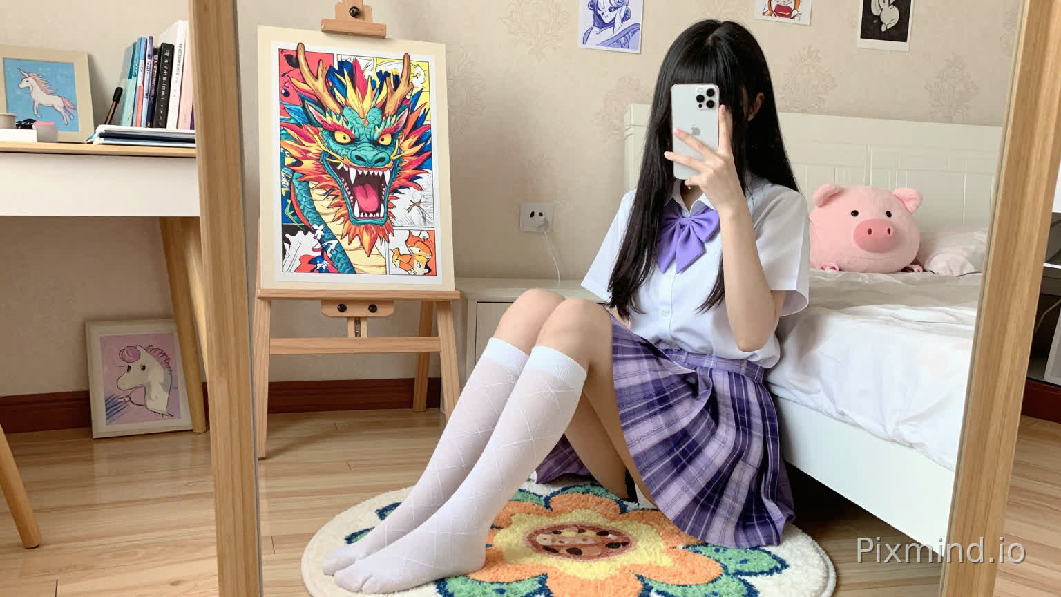一幅细节丰富、色彩鲜艳的数字绘画,描绘了一位年轻的亚洲女学生在她温馨的卧室里自拍。她有着乌黑的长直发,带着刘海,双腿交叉地坐在一张白色床沿,双脚搭在一块彩色的花朵形状地毯上(白色底色,黄色中心,橙色和绿色花瓣图案)。她穿着一件白色短袖校服衬衫,系着紫色领结,一条浅紫色和深紫色格子百褶裙,以及白色过膝袜,袜子上装饰着菱形图案和小星星装饰,双脚赤裸。她双手举着一部白色iPhone16promax到脸前,遮住了部分表情。
在她身后,一面大木框落地镜映照出整个场景,展现出房间的细节。床上,一个粉色毛绒猪玩具靠在床头板上。在她左侧,一个木质画架架着一幅生动的漫画风格插画,画中是一条凶猛、色彩鲜艳的龙,长着锋利的牙齿和发光的眼睛,边缘有日文文字,如“TNT”和“TWG”。画架旁边是一张木质书桌,上面堆满了美术用品、一摞书,还有一幅装裱好的小画,画的是一只会飞的独角兽。墙上挂着几幅装裱好的艺术品,包括一幅蓝色素描和一幅黑白插画。房间里铺着浅色木地板,柔和的米色墙壁上有精致的花卉图案,温暖、柔和的自然光洒进来,营造出明亮、温馨且富有艺术魅力的氛围。高细节,主体焦点清晰,柔和的色彩基调点缀着鲜艳的色彩(紫色、粉色、橙色、绿色),8K分辨率,动漫风格。